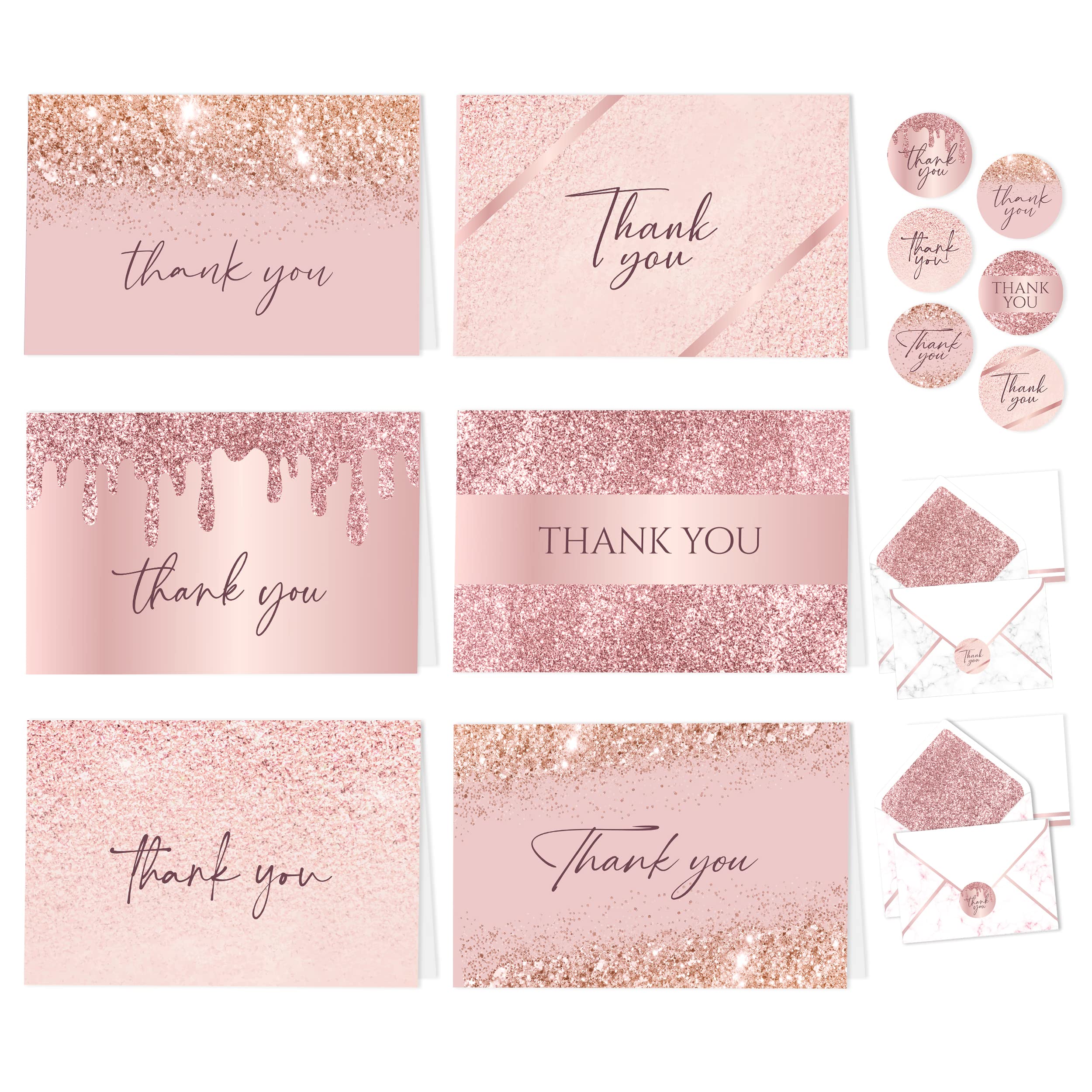 24 Rose Gold Thank You Cards with Envelopes - 6x4in Dusty Pink Thank You Cards with Envelopes, 6 Designs of Thank You Cards Rose Gold, Baby Shower Thank You Cards, Bridal Shower Thank You Cards