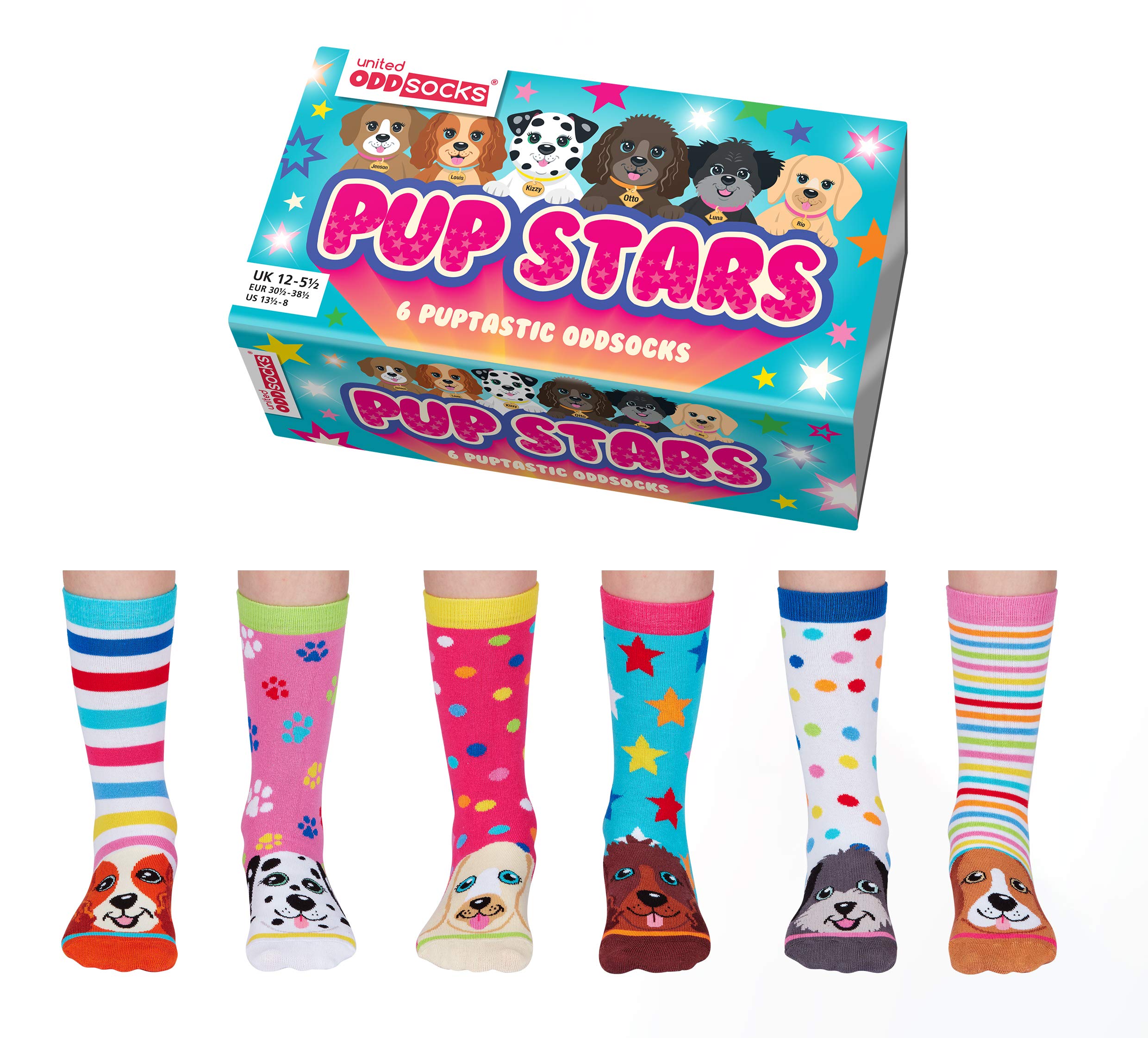 United OddsocksPup Stars 6 Oddly Coordinated Novelty Dog Kids Socks Girls US 13.5-8