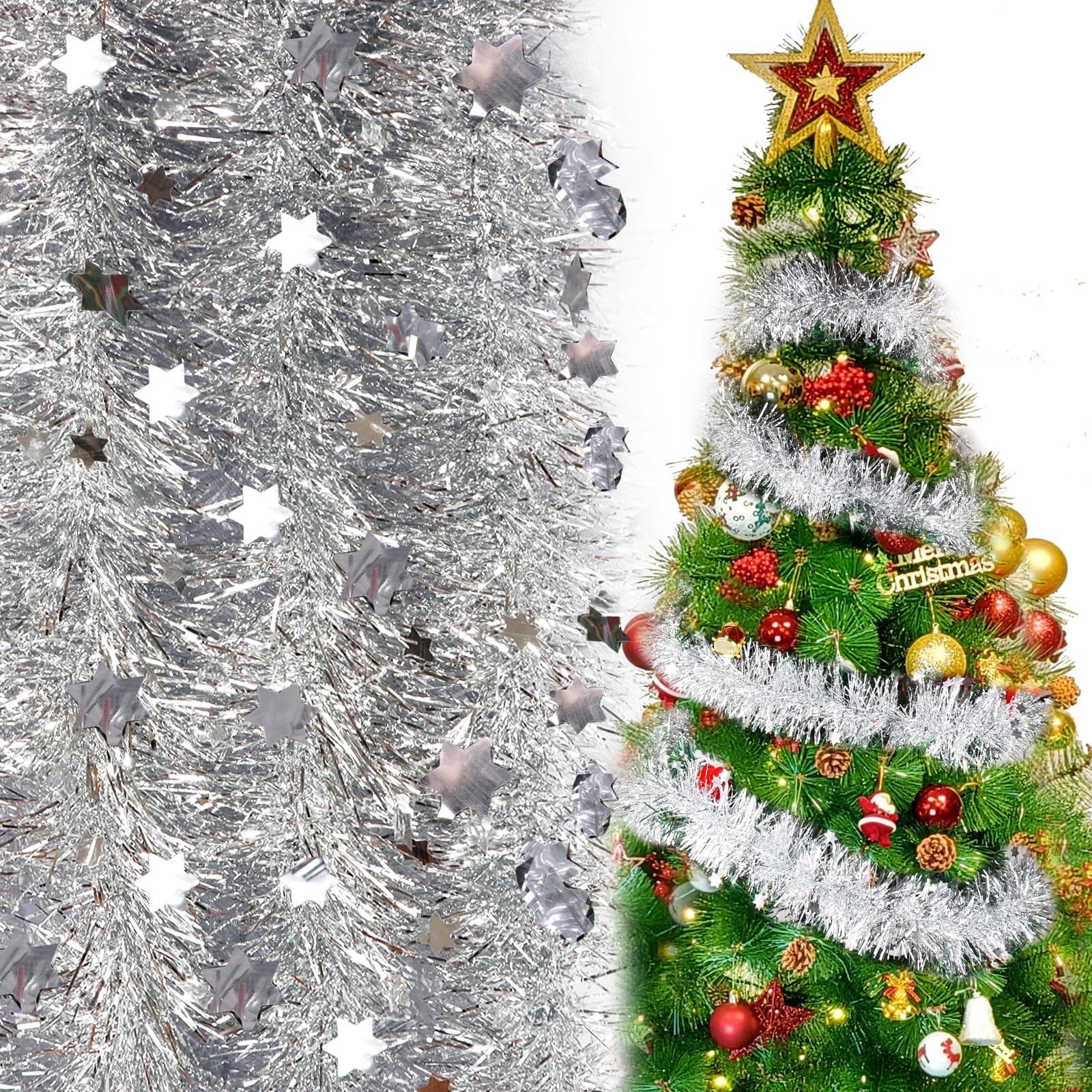 39feet/12m 6pcs Christmas Tinsel Garland Silver Tinsel for Christmas Tree Metallic Tinsels Christmas Tree Decorations Xmas Party Decorations