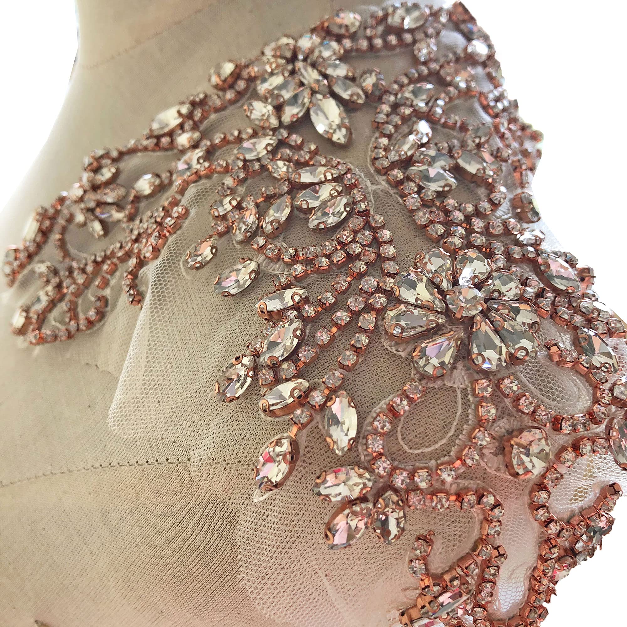 Sparkle Rhinestone Applique Wedding Dress Accessories Beaded Crystal Neckline Patch Rose Gold Color