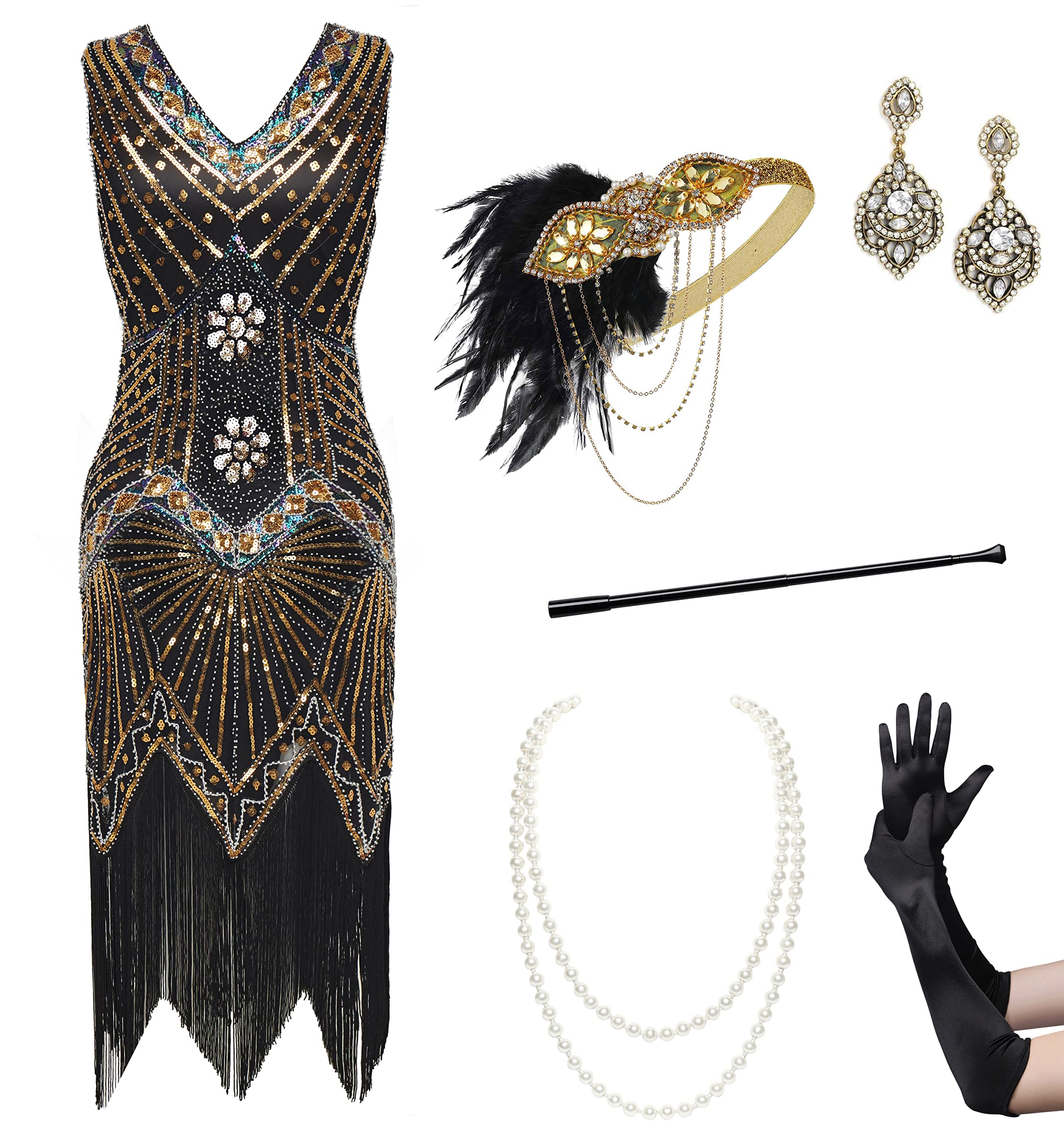 BABEYOND Women's Flapper Dresses 1920s V Neck Beaded Fringed Great Gatsby Dress Set