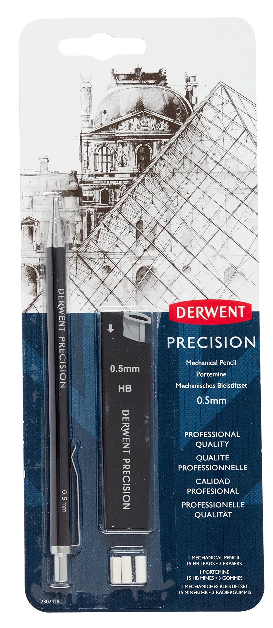 Derwent Precision Mechanical Pencil 0.5 mm With HB Leads and Erasers Grey