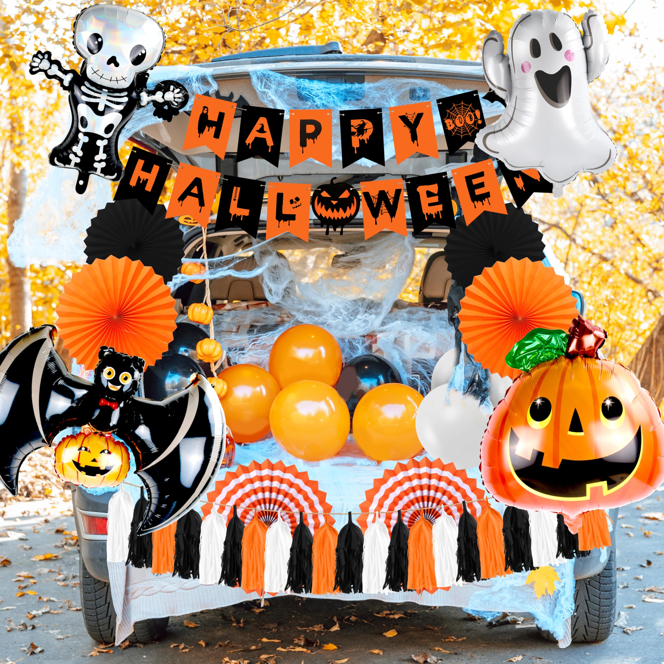 PURPERCAT Halloween Pumpkin Trunk or Treat Car Decorations Kit Mexican Day of The Dead Car Archway Garage Decor with Banner Paper Fans Balloons Tassel for Outdoor Garage Door Archway Party Supplies