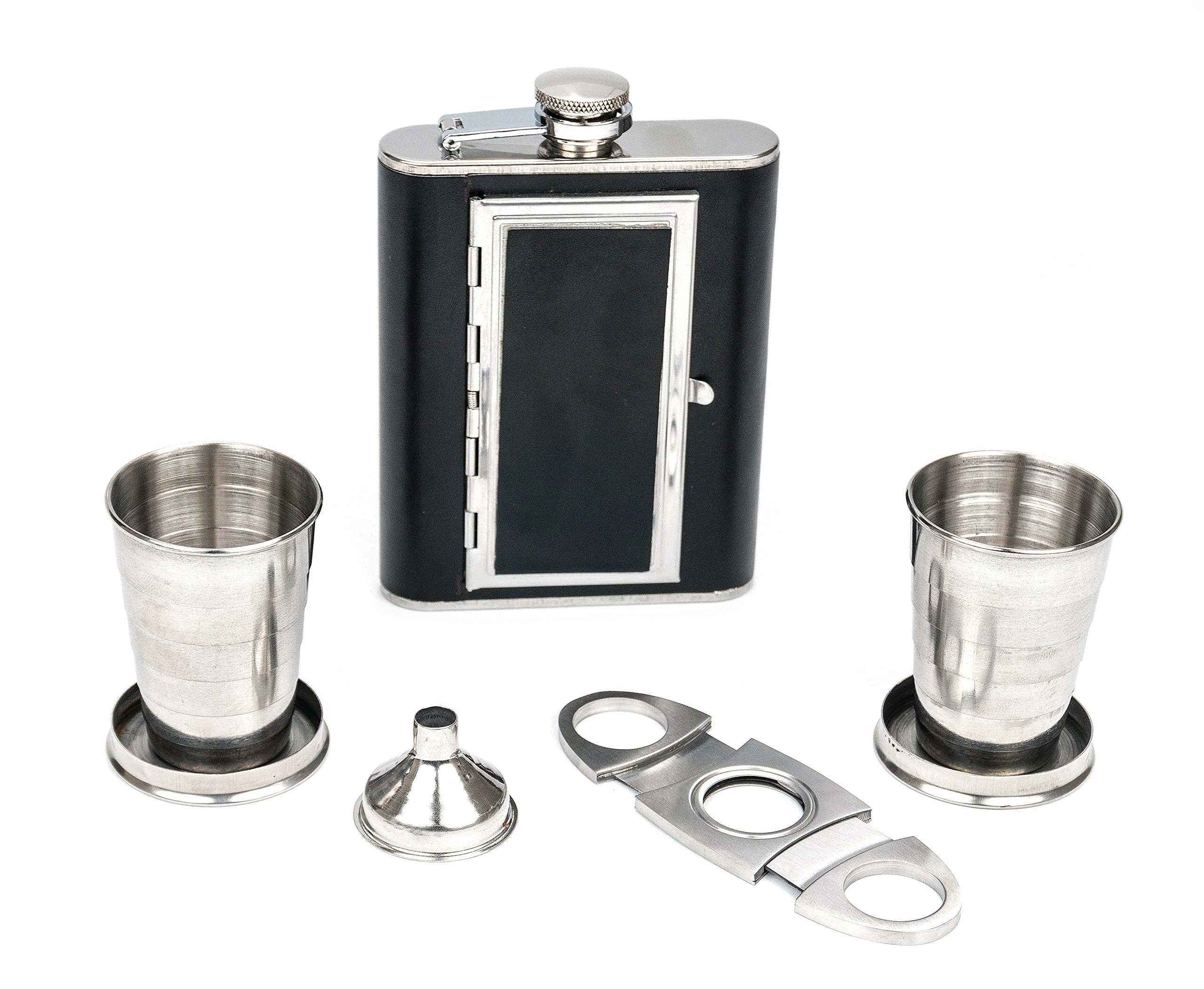 Perfect Pregame Cigarette Compartment Flask & Collapsible Shot Glass Gift Set - With Double Bladed Guillotine Cigar Cutter and Funnel - Awesome Groomsmen Flask Gift Set