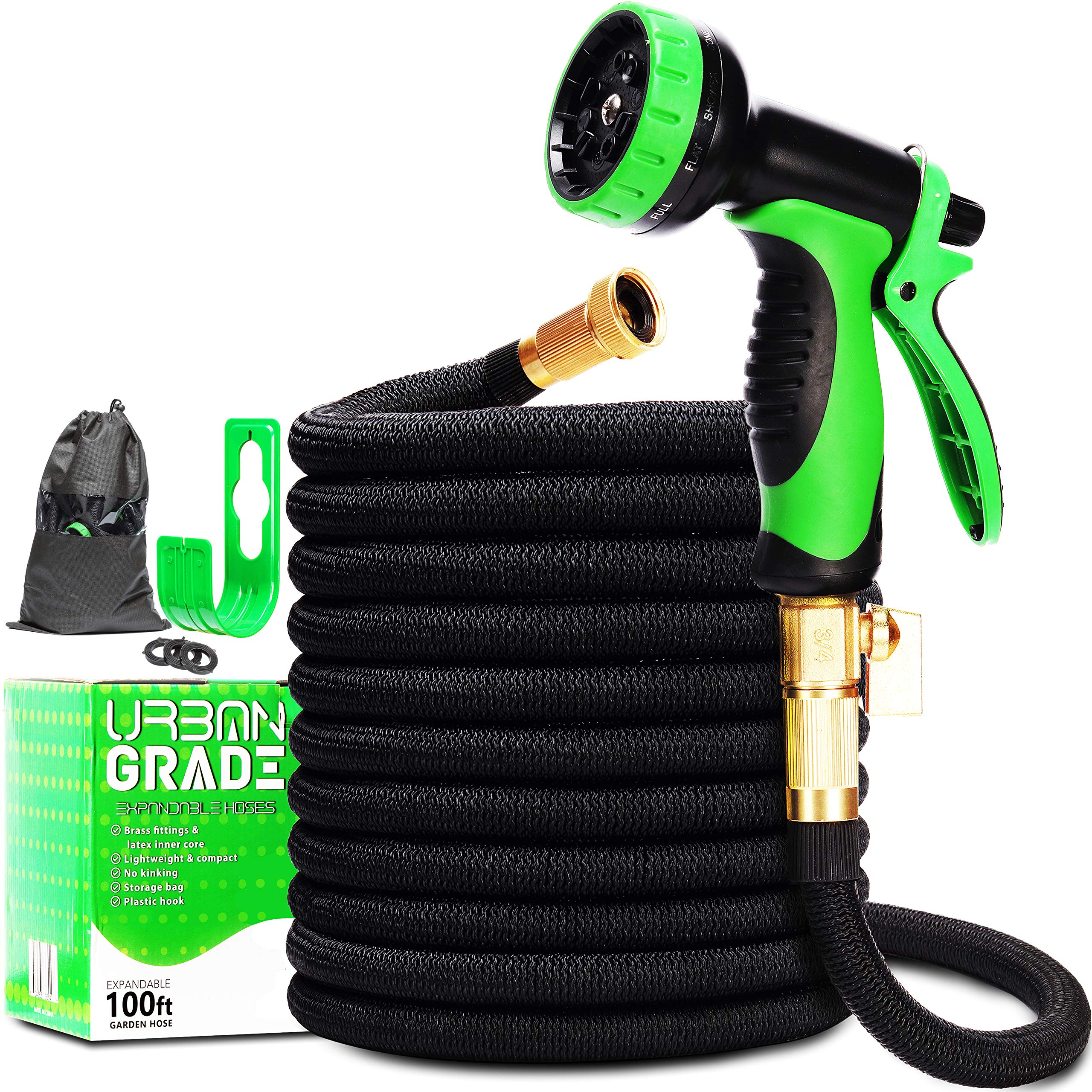 Expandable 100ft Garden Hose | Stretchy Superior Strength Lightweight Water Hose 100ft | Retractable Non Kink Flexible Black Hose | Solid Leak Proof 3/4 Inch Brass Connectors |10 Function Sprayer