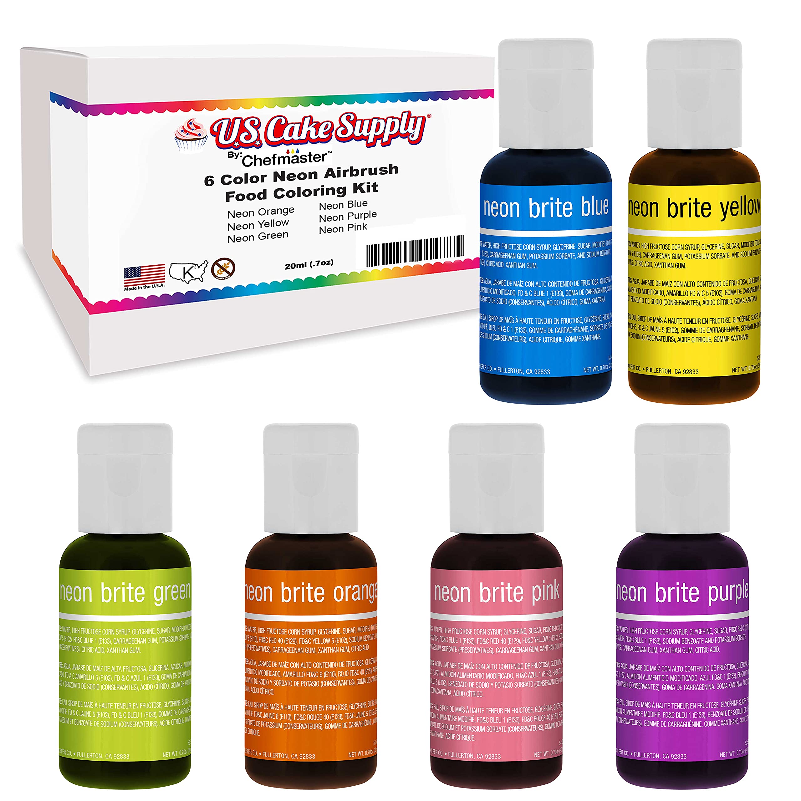 6 Color Cake Food Coloring Liqua-Gel Decorating Baking Neon Colors Set - U.S. Cake Supply .75 fl. Oz. (20ml) Bottles Neon Colors - Made in the U.S.A.