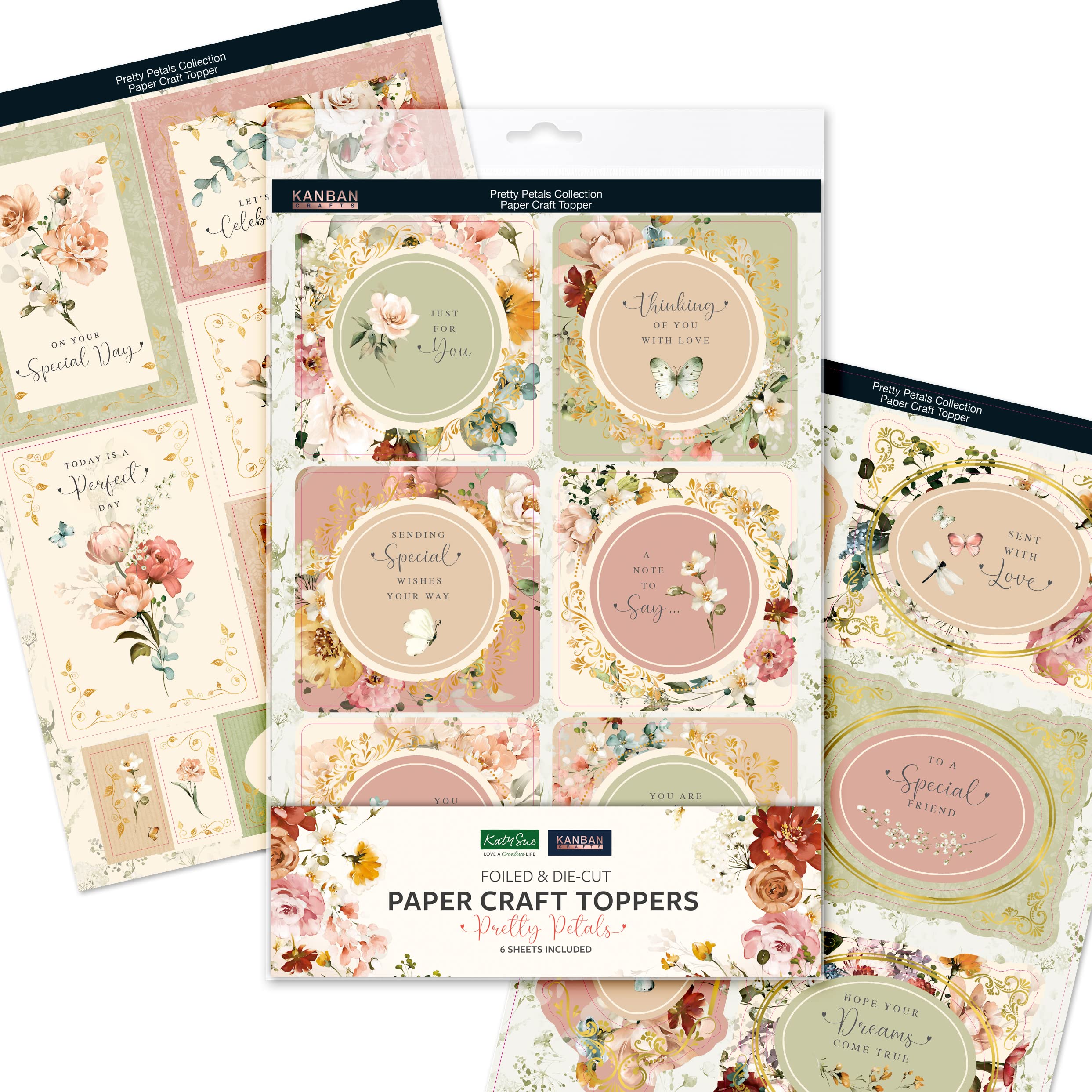 Kanban Crafts 'Pretty Petals' Foiled & Die-Cut Paper Craft Toppers by Katy Sue - Contains 40 Individual Card Toppers on 6 Sheets - Featuring Floral Imagery & Finished with Warm Gold Foil Detail.