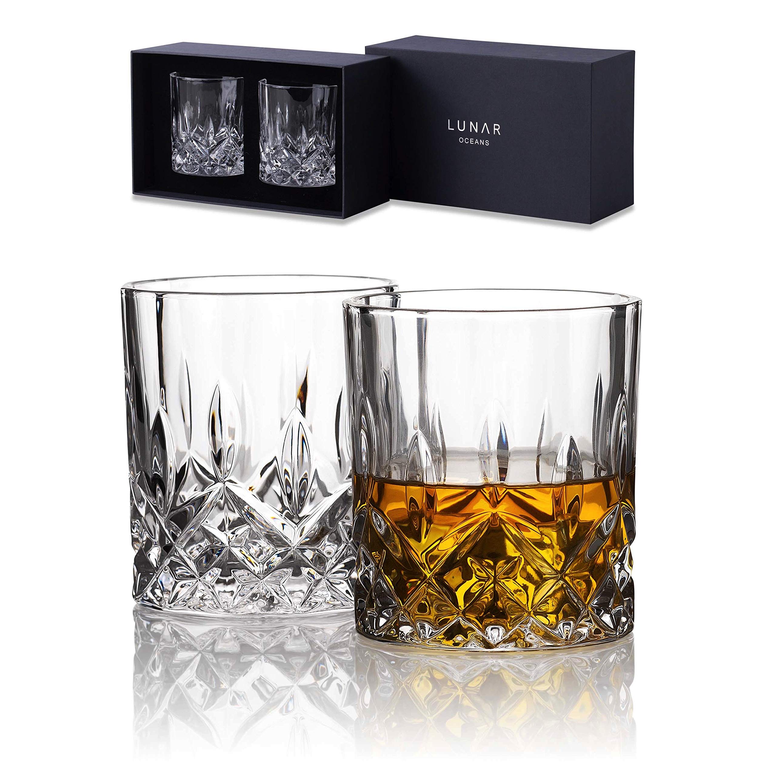 Crystal Whiskey Tumblers by Lunar Oceans. Set of 2 Lead Free Glasses. Gift Boxed. Ideal Present