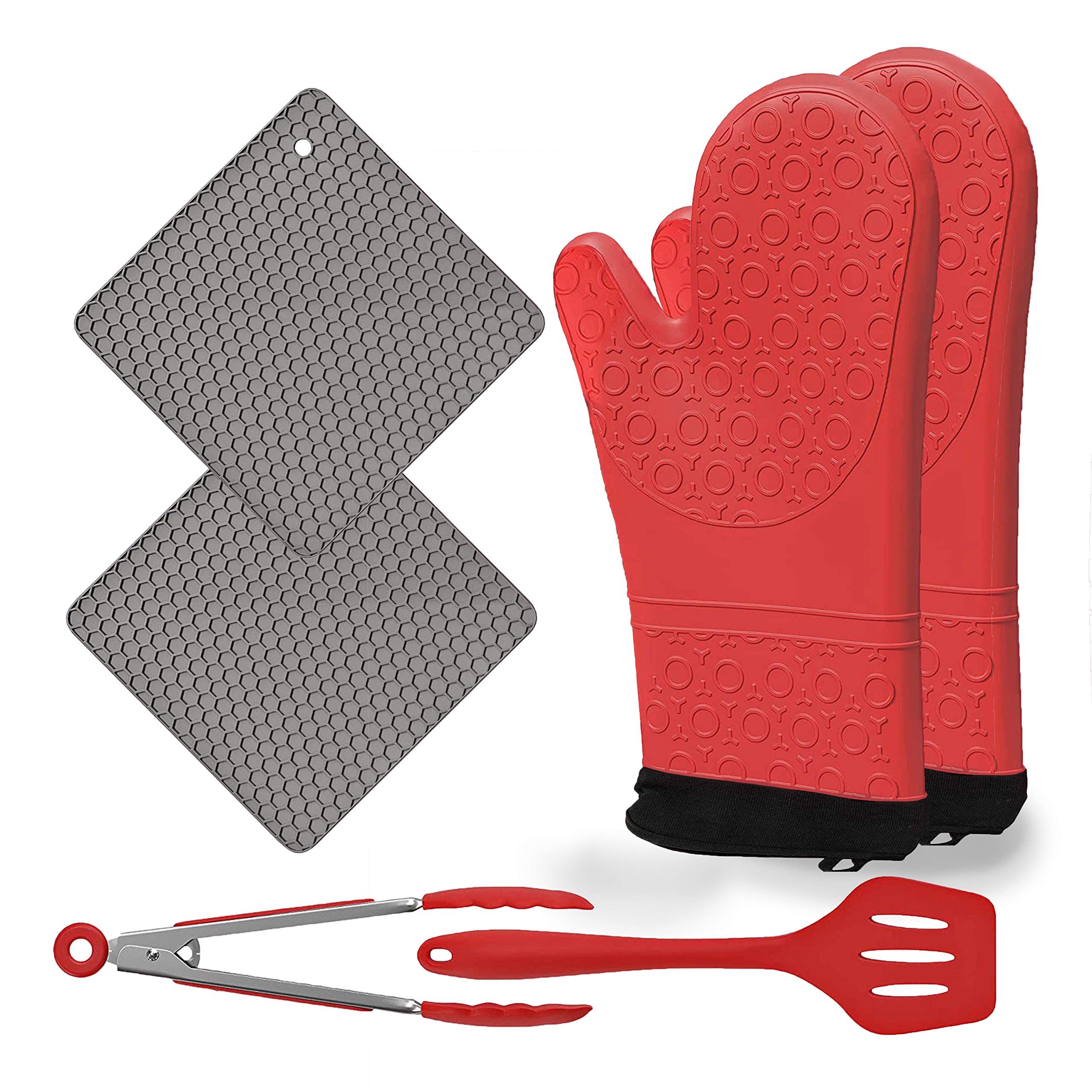 Silicone Oven Mitts and Potholders | Heat Resistant Non-Slip Textured Cooking Gloves (Red)