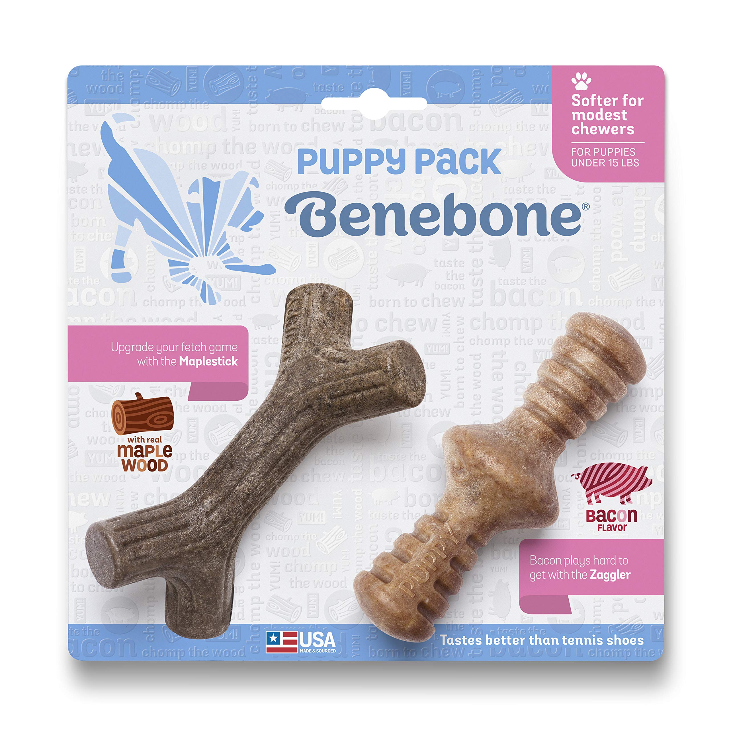 BenebonePuppy Tiny 2-Pack Indestructible Maplestick/Zaggler for Aggressive Chewers, Long Lasting Teething Boredom Breaker for Puppies, Real Bacon/Maple Wood Flavour, For XS Dogs, Made in the USA