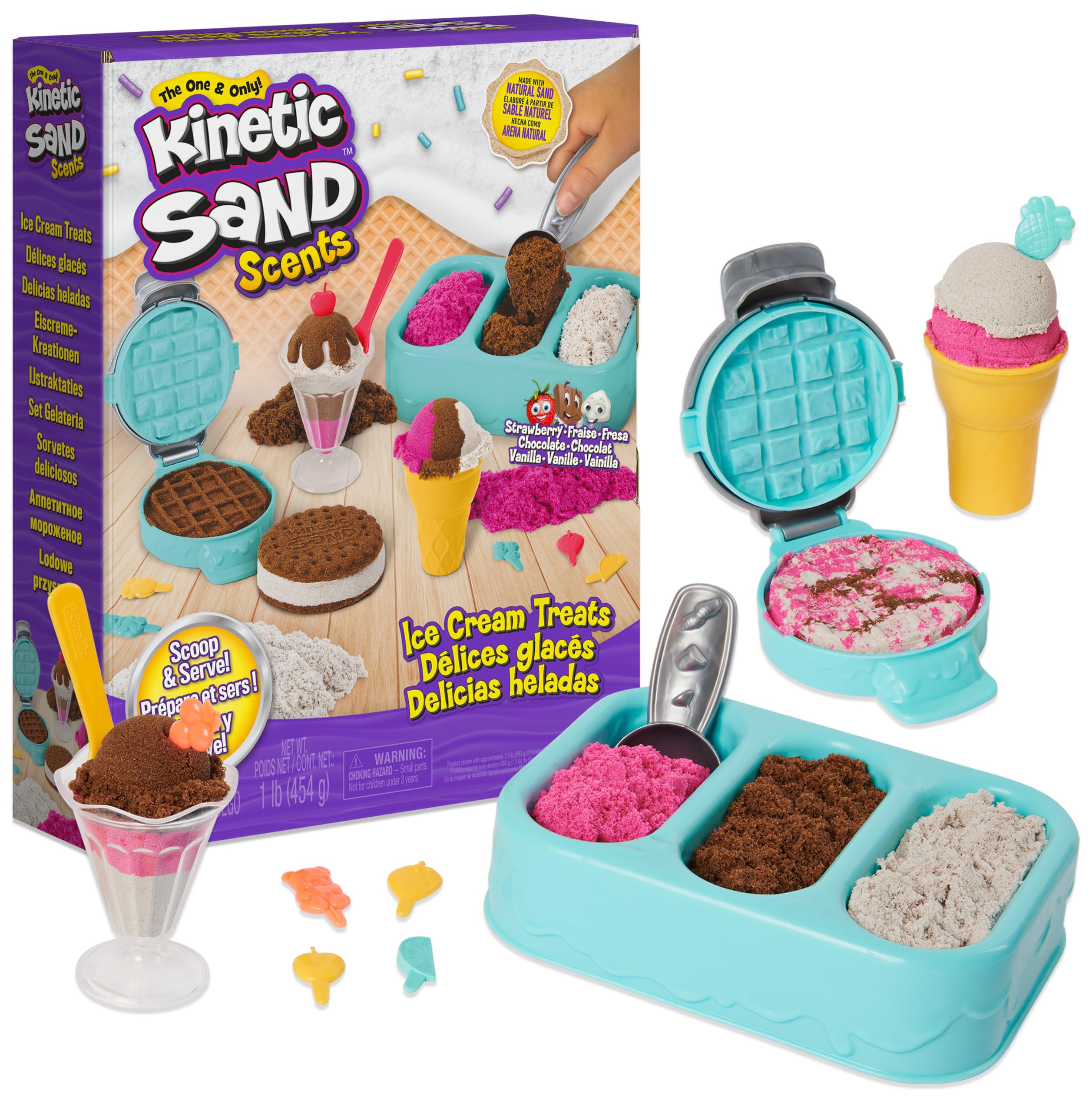 Kinetic Sand Scents, Ice Cream Treats Playset with 3 Colours of All-Natural Scented Sand and 6 Serving Tools