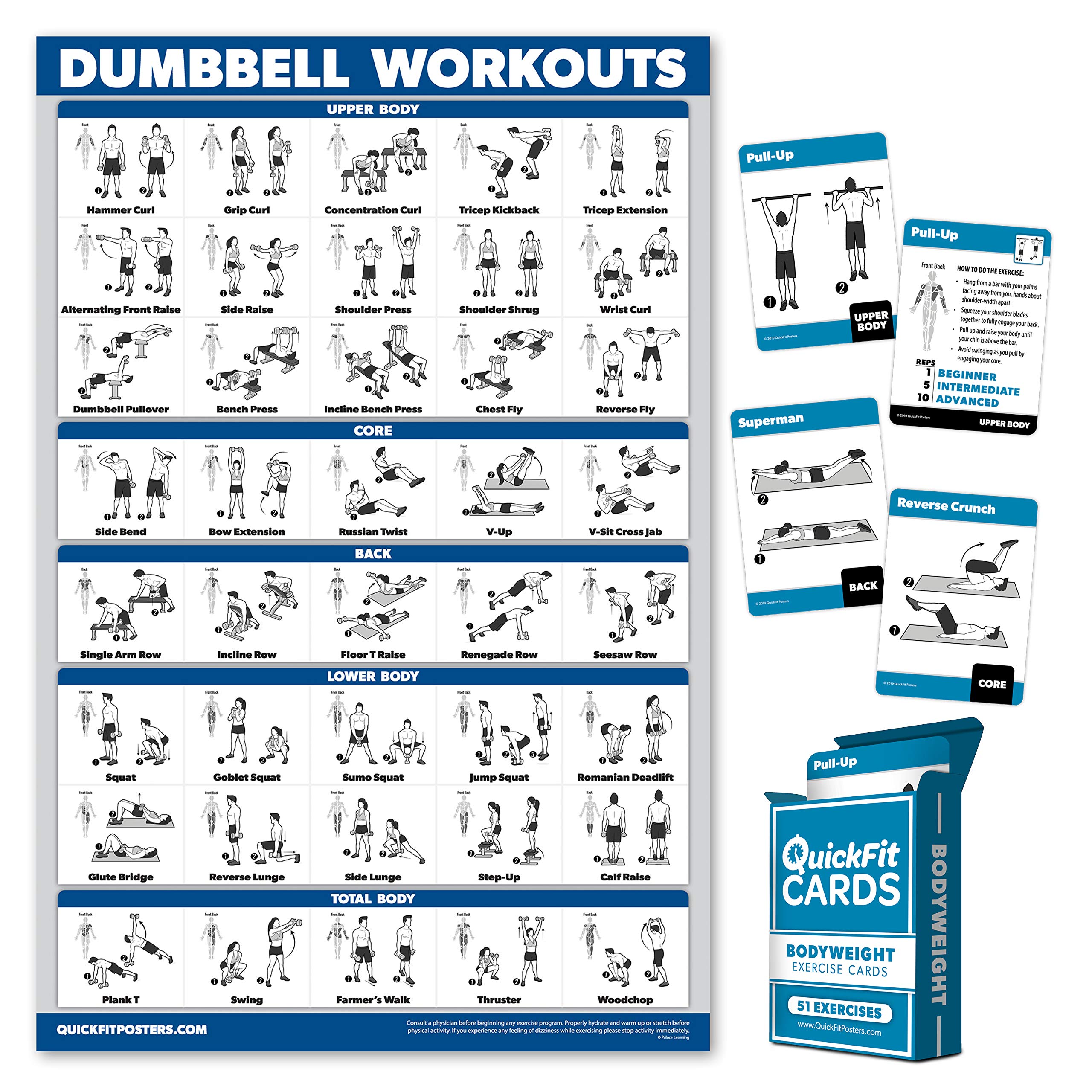 QuickFit2 Pack - Dumbbell Workout Poster & Bodyweight Exercise Card Set