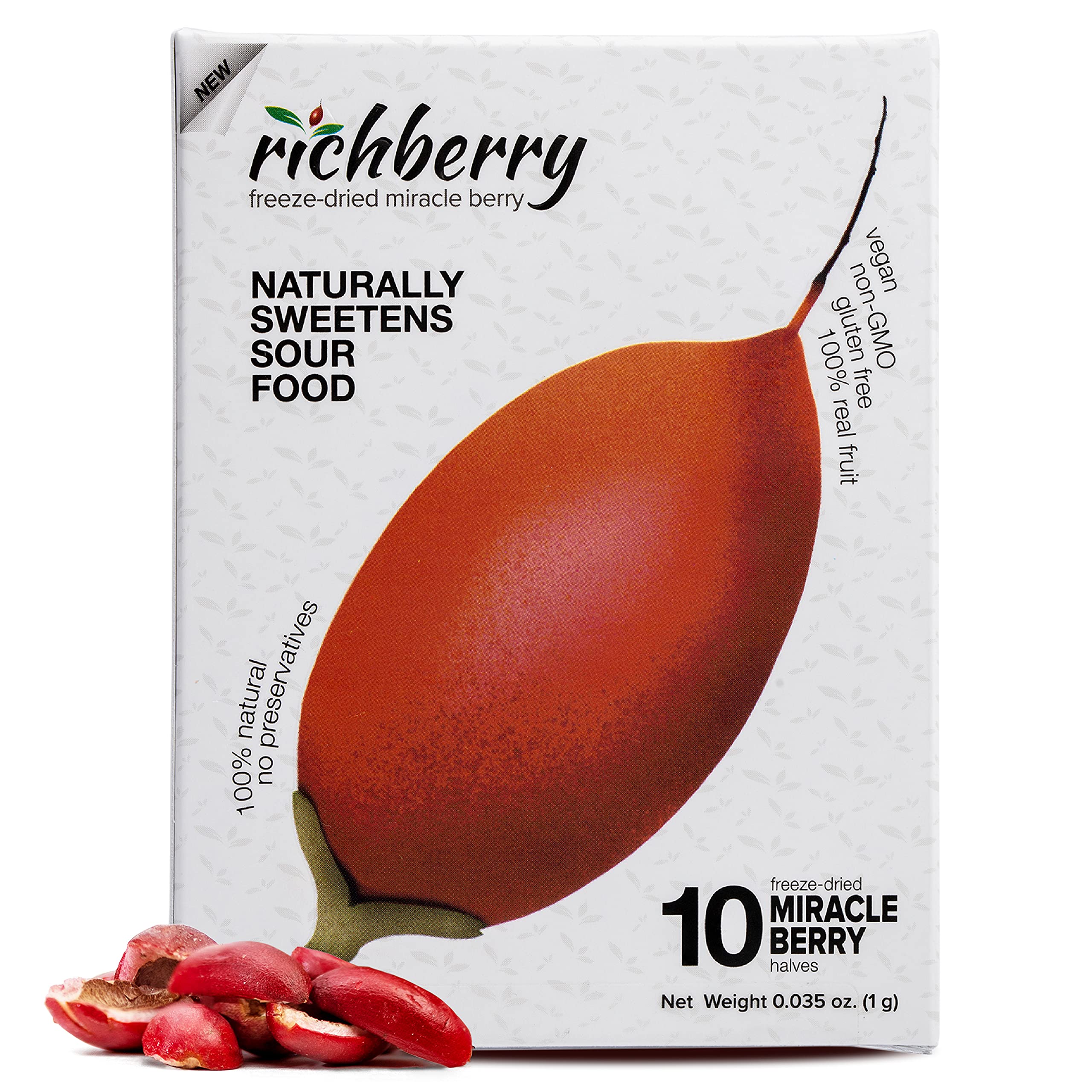 Miracle Berry by Richberry, 1 Pack of 10 Halves (1g), Naturally Sweetens Sour Food, 100% Freeze-dried Premium Fruits, No Preservatives, Great for Snacks and Taste Tripping, Vegan