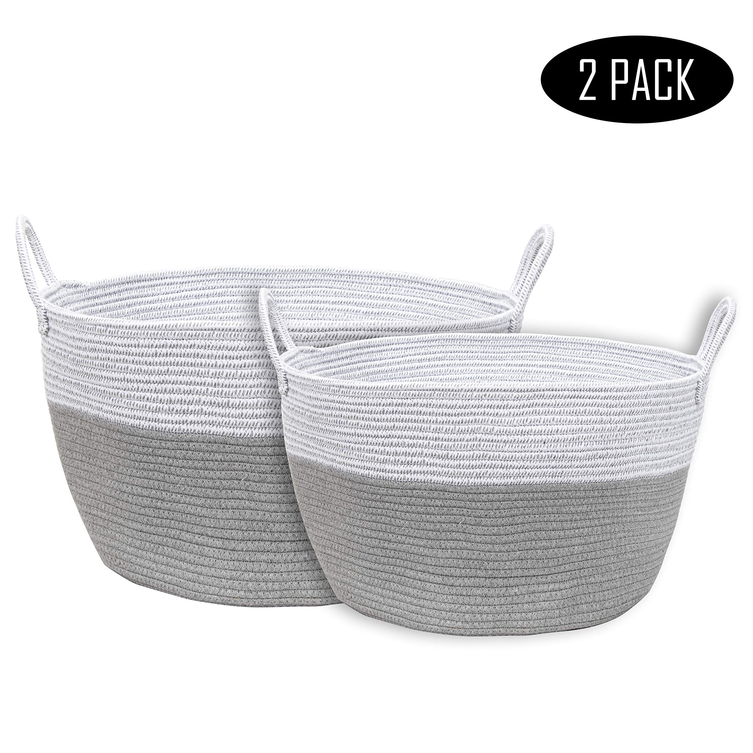 JEKOSEN (Set of 2, 22''x12'' & 20''x10'') Laundry Basket Cotton Rope Basket Woven Storage for Toys Blankets Towels Cushions with Handle Living Room Laundry Hamper Grey