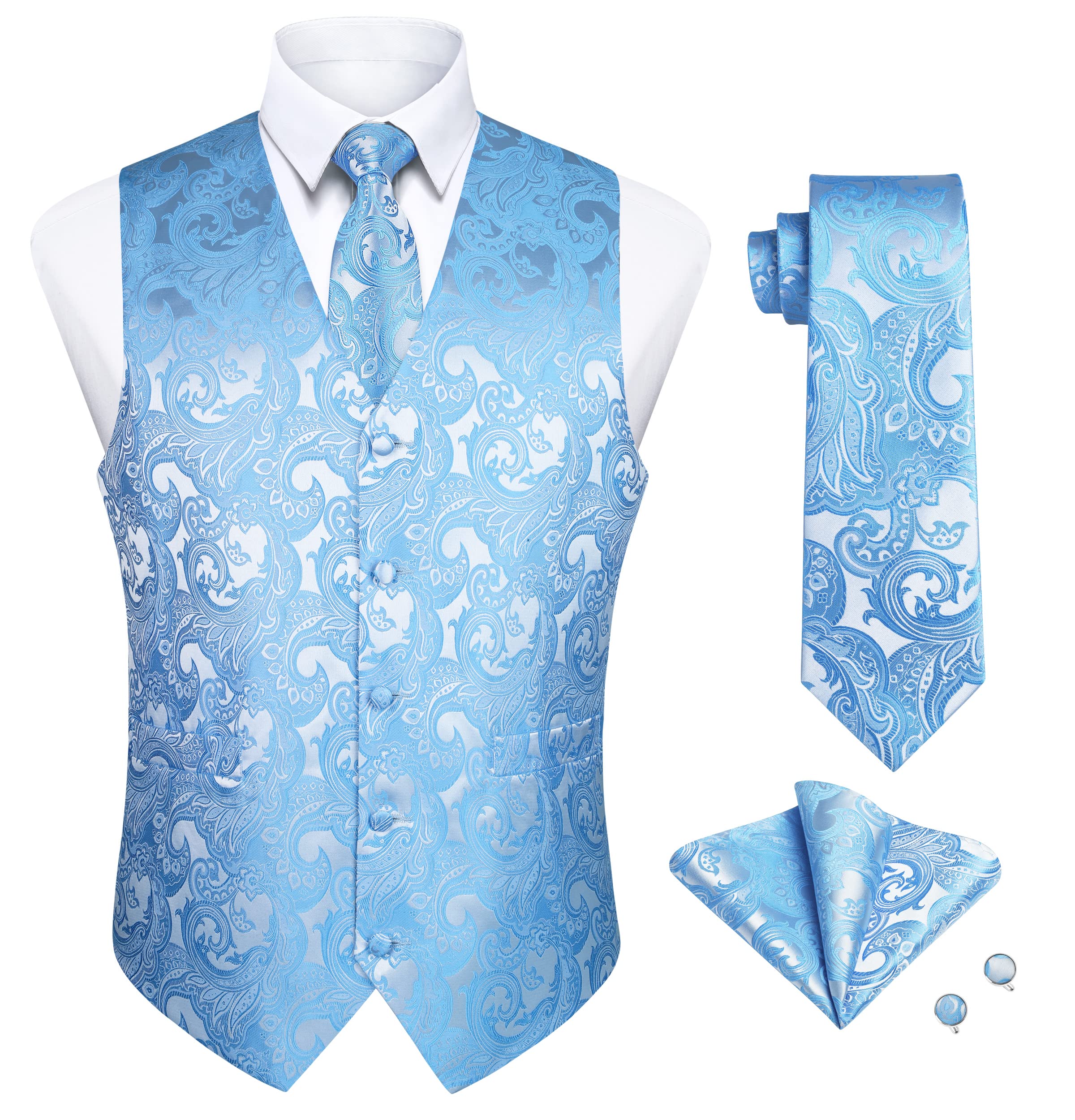 EnlisionMen's Vest Tie Set Paisley Floral Jacquard Necktie Pocket Square Classic Waistcoat Wedding Suit or Tuxedo, Blue, XX-L