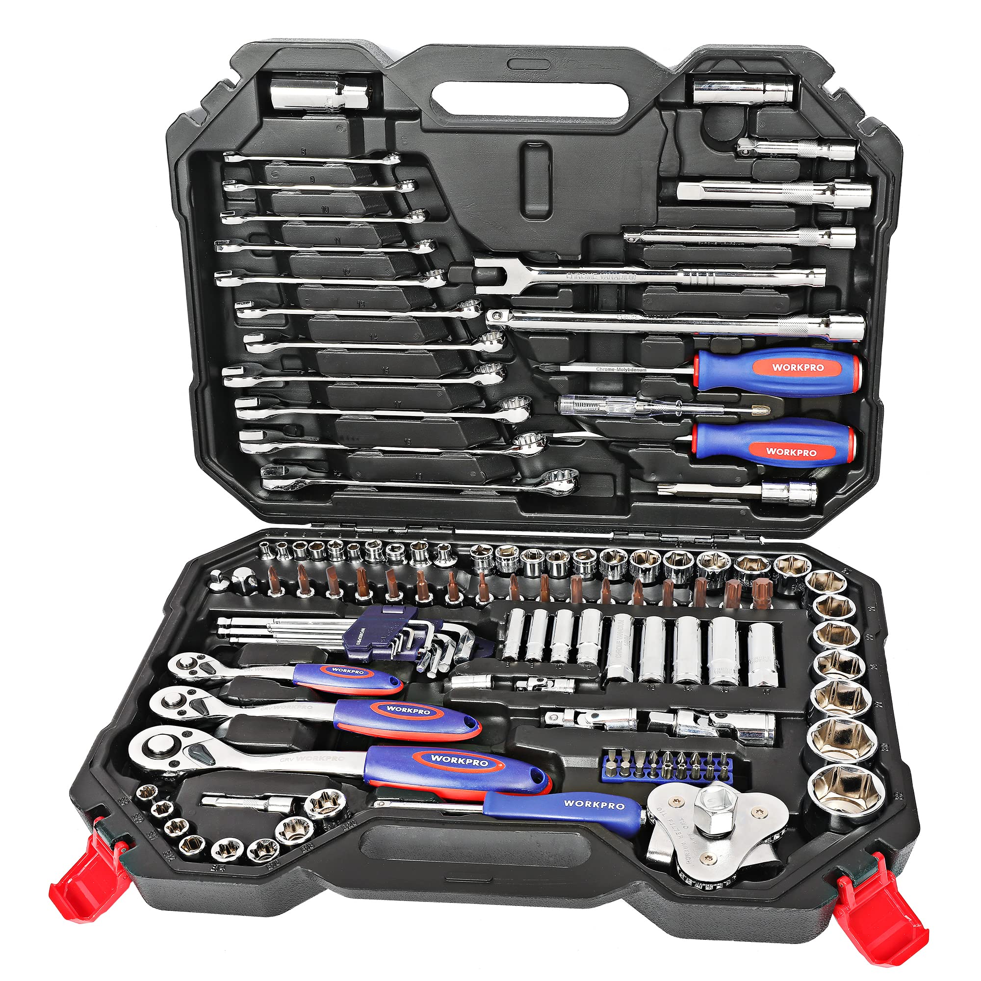 WORKPRO 123-Piece Drive Socket Set 1/2" 1/4" 3/8", CR-V Mechanic Tool Set with Quick-Release Ratchet Wrench, Spanners, Bits Set, Hex Key for Car Repair