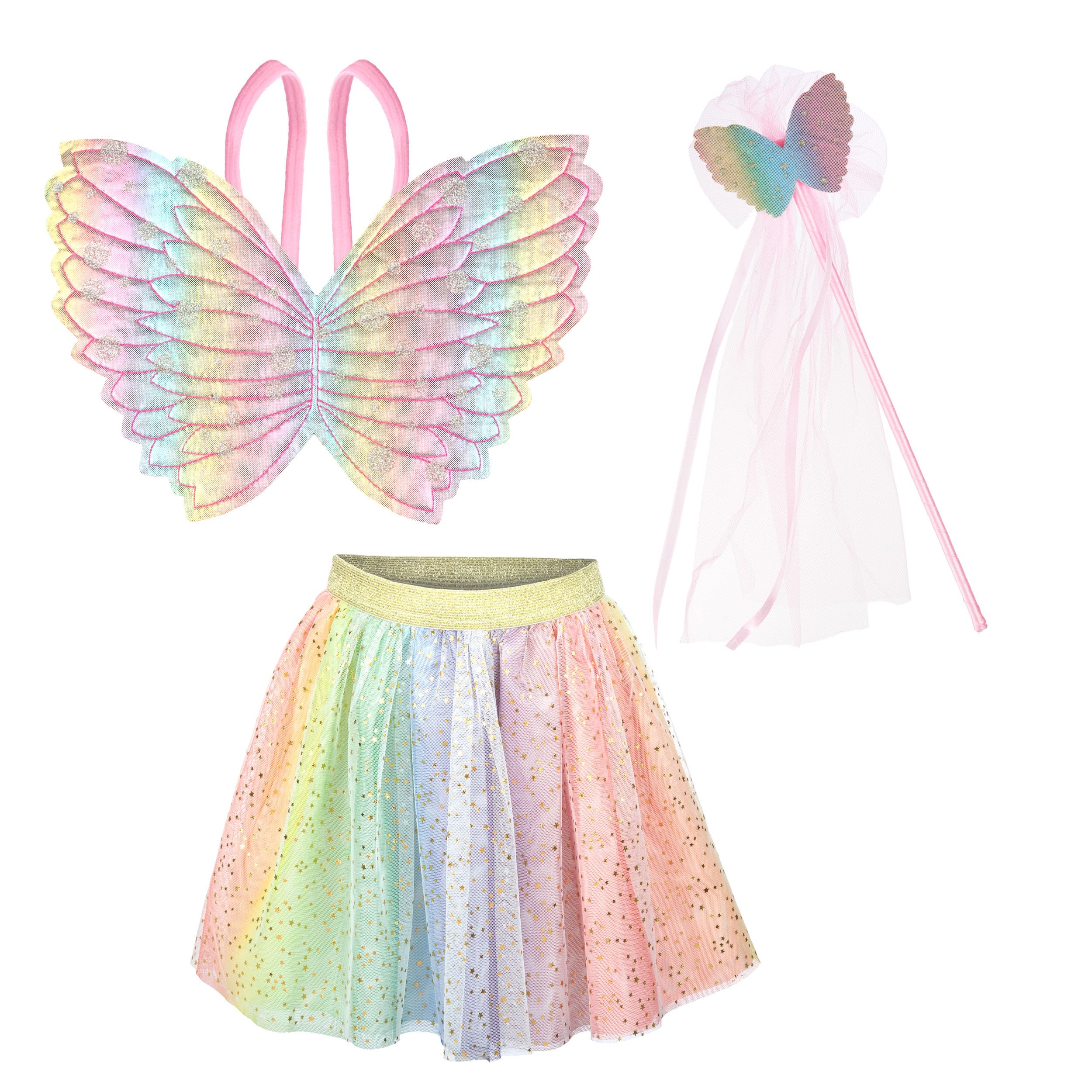 Expressions Girls Dress Up Rainbow Princess Butterfly Costume Skirt, Wings and Wand Set, Children Ages 3-10, One Size Fits All