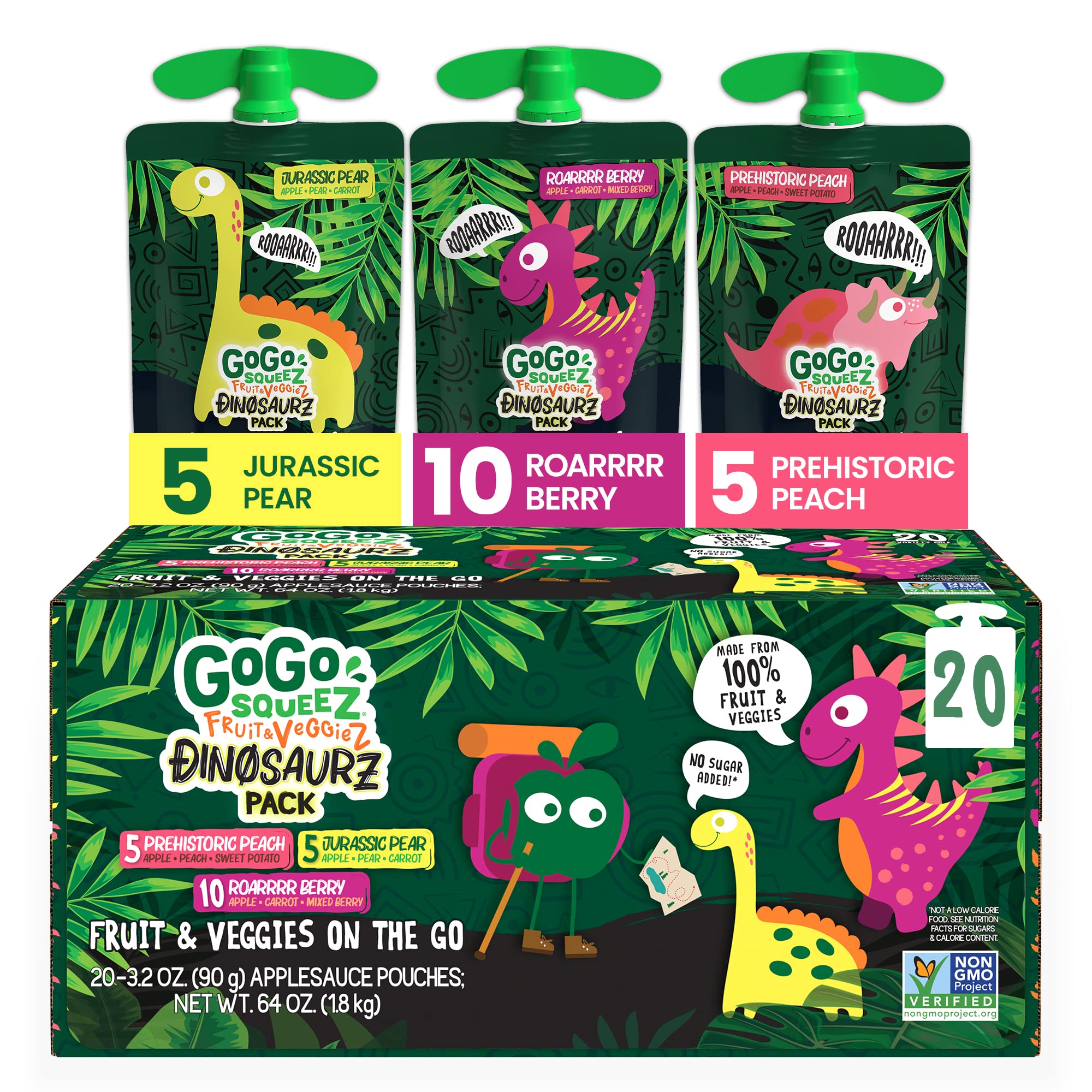 GoGo squeeZ Fruit & veggieZ Variety Pack, Jurassic Pear, Roarrrr Berry & Prehistoric Peach, 3.2 oz (Pack of 20), Unsweetened Snacks for Kids, No Gluten, Nut & Dairy, Recloseable Cap, BPA Free Pouches