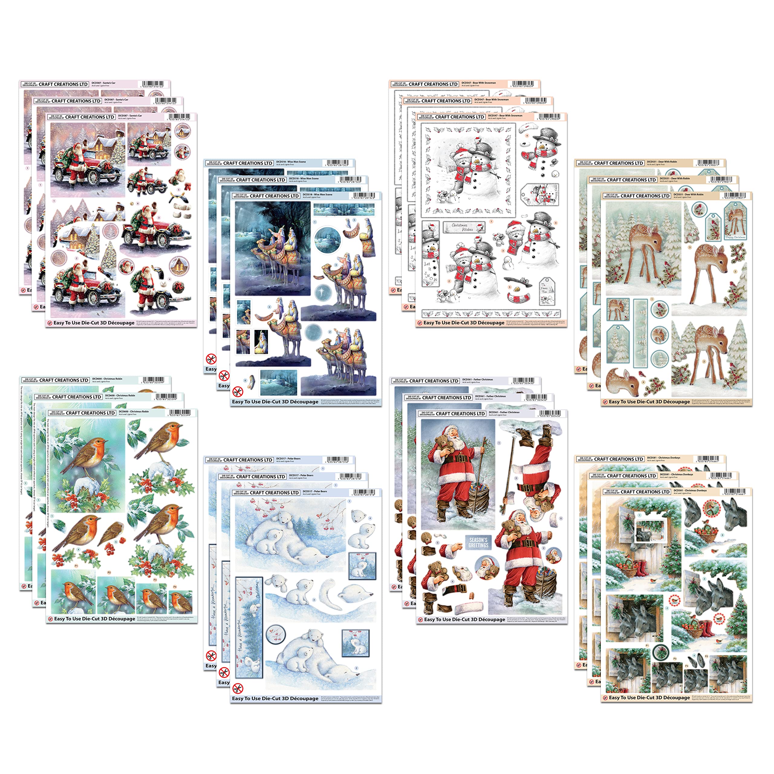 Katy Sue Christmas Paper Tole 3D Die-Cut Decoupage Selection Pack - Contains 24 Die-Cut Sheets in Letter Size (8 Designs; 3 Copies of Each Design) for Christmas Card Making & Crafts.