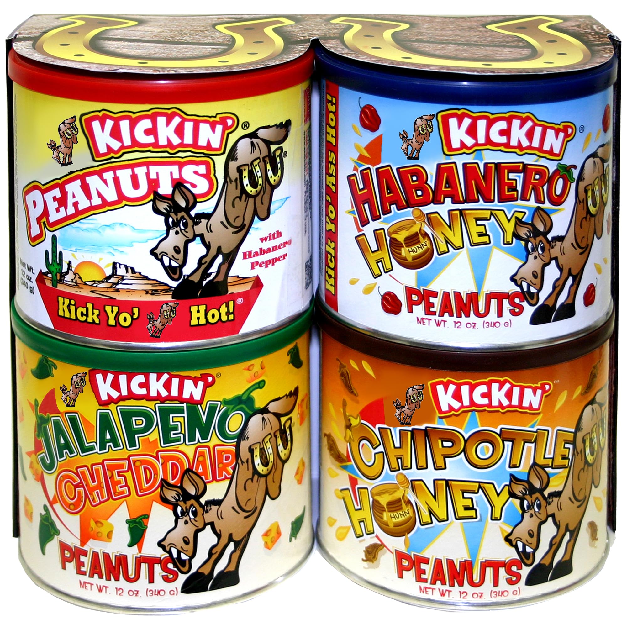 Kickin Crunchy Spicy Hot Peanuts: Pepper Peanuts, Jalapeno Peanuts, Habanero Honey Peanuts, and Jalapeno Peanuts, Gift Set.