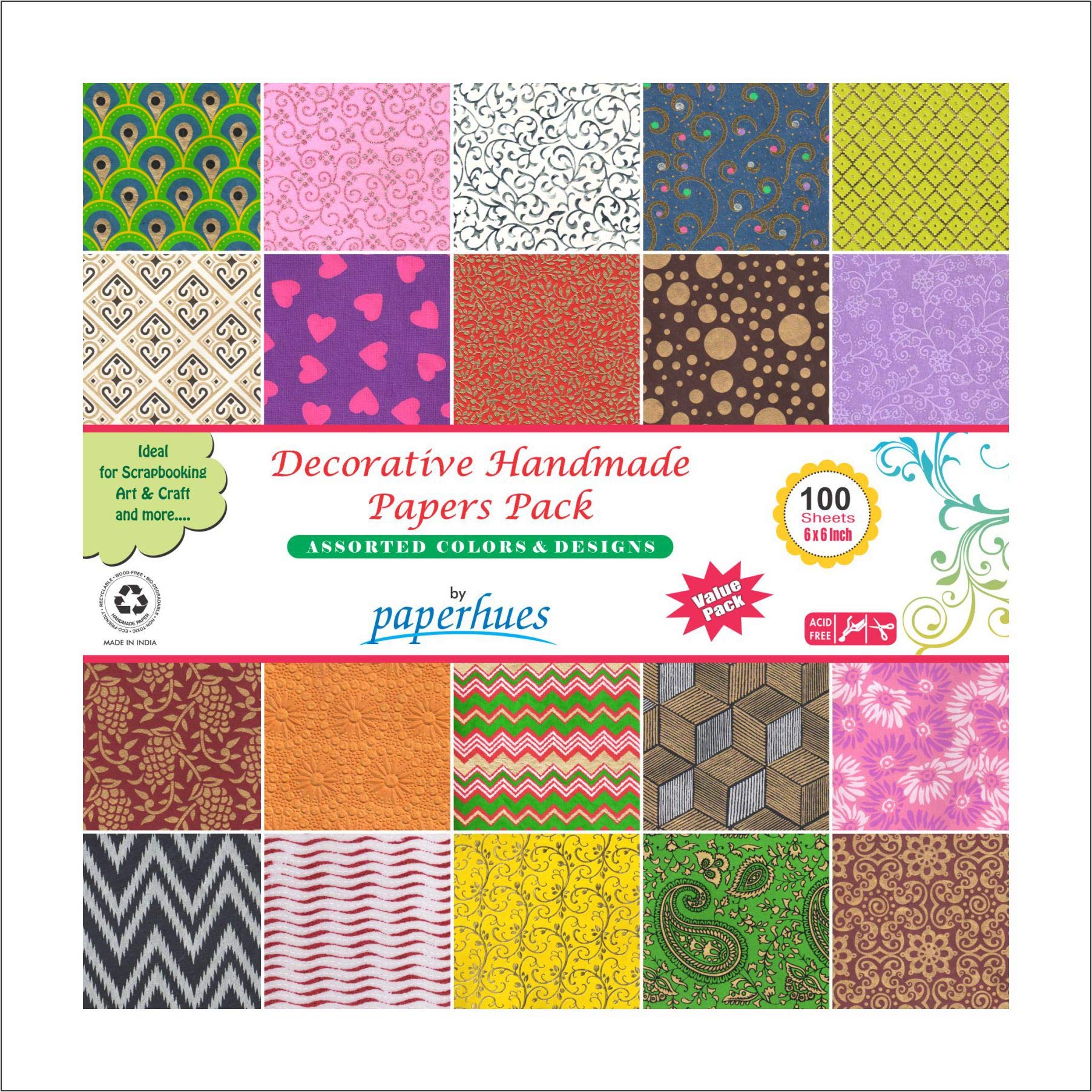 Paperhues Decorative Scrapbook Papers 6x6" Pack, 100 Sheets, Assorted Colors