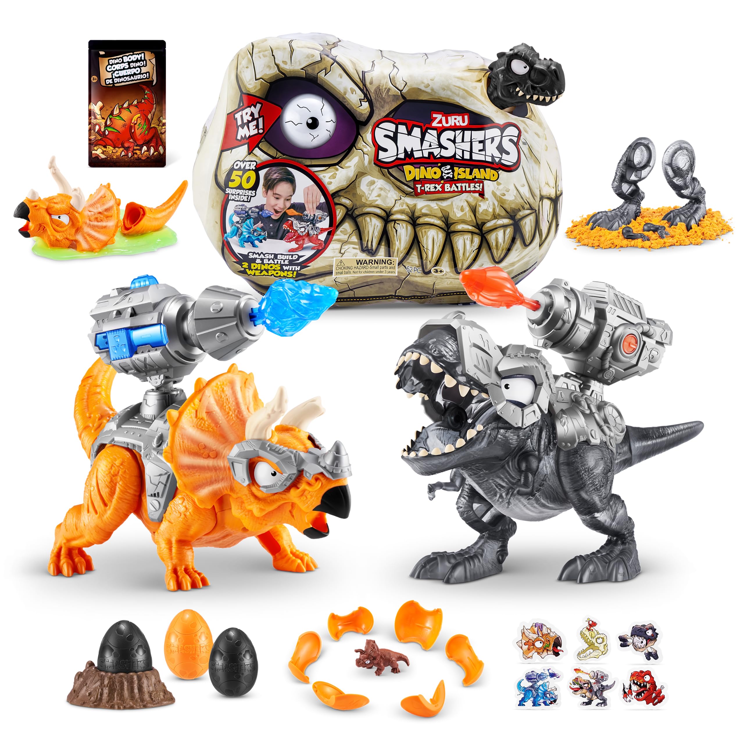 Smashers Dino Island T-Rex Battles (Black Version) by ZURU 50+ Surprises Boys Collectible Dinosaur T-Rex Triceratops Surprise Slime Sand Compounds Discovery