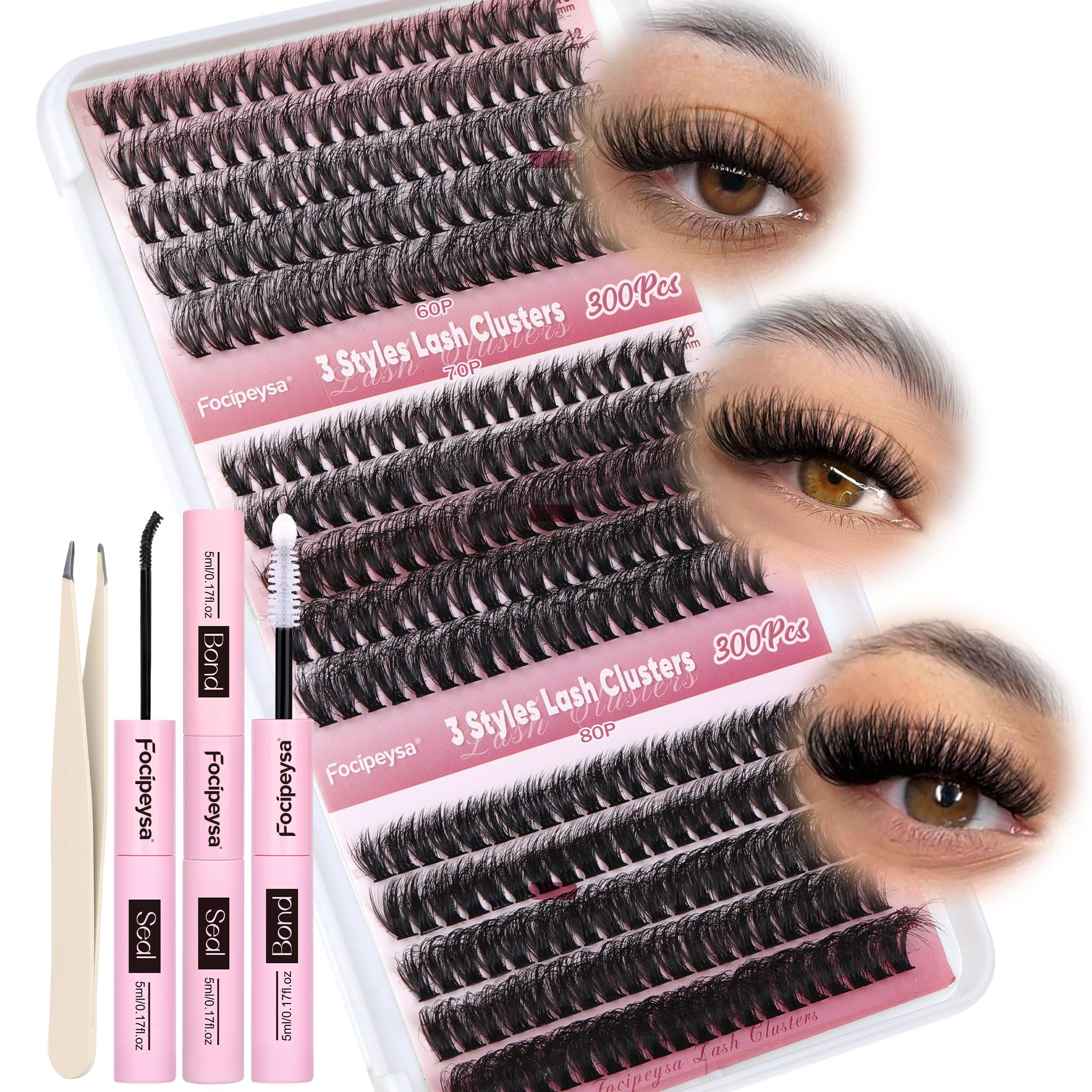 Focipeysa Lash Extension Kit 300pcs Lash Clusters Fluffy Eyelash Extension 60D 70D 80D Eyelash Clusters 9-16mm DIY Lash Extensions Kit with Waterproof Lash Bond and Seal and Lash Tweezers