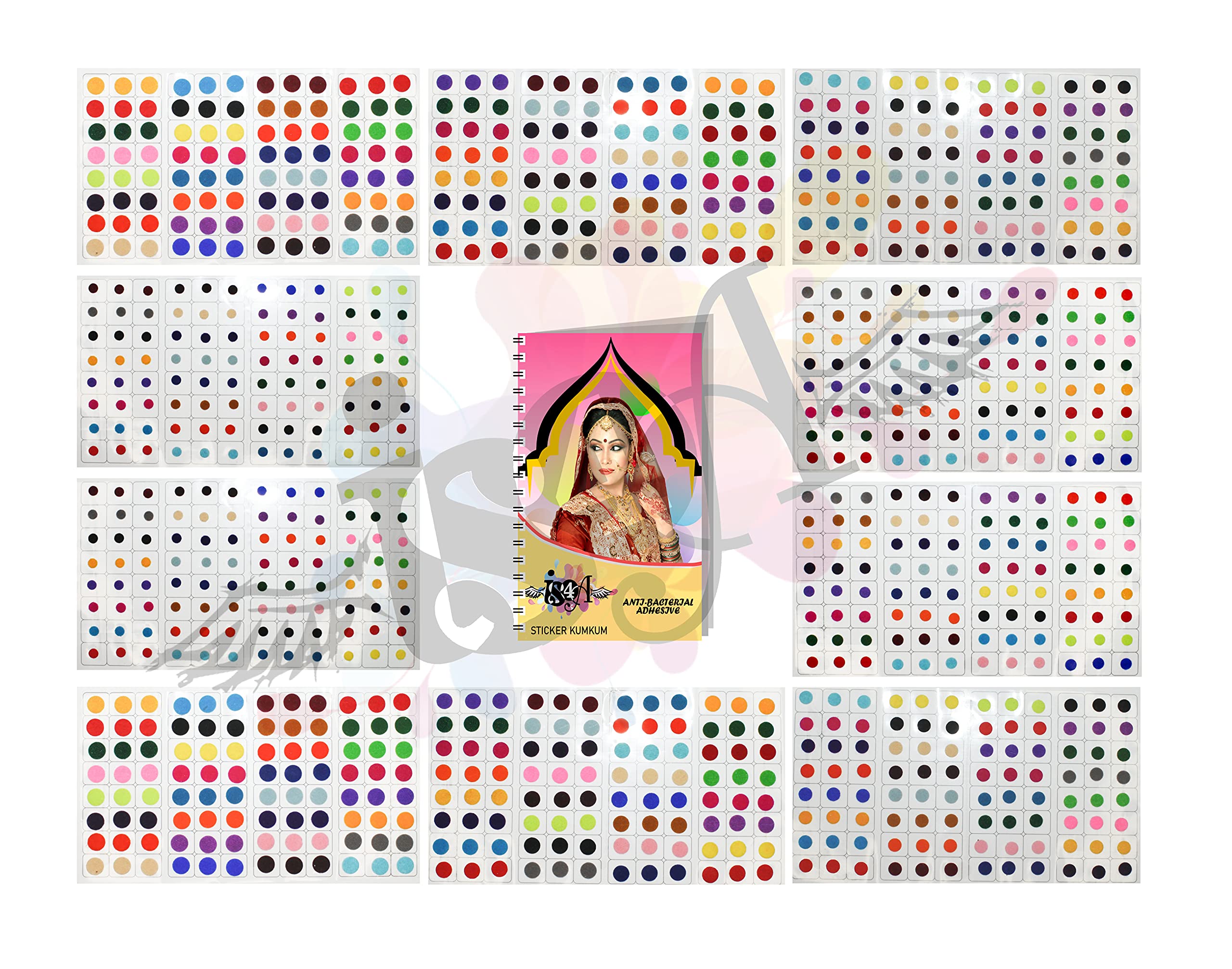 IS4A 960 Multicolored Bollywood Forehead Stickers Adhesive Body Jewelry 10 Page Book of Different Sized Tattoo Bindi Round Dot