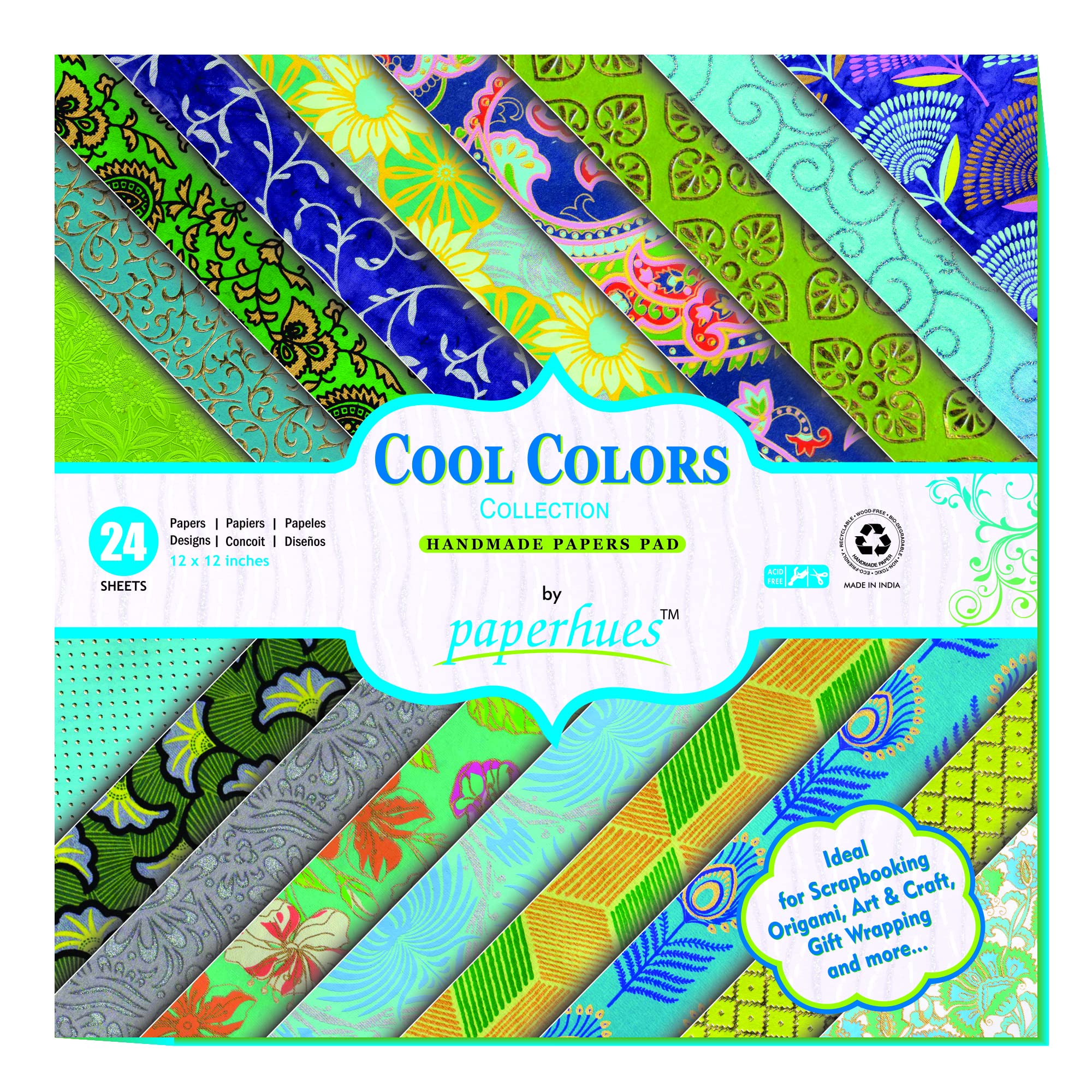 Paperhues Cool Colors Collection Handmade Scrapbook Papers 12x12" Pad, 24 Sheets.