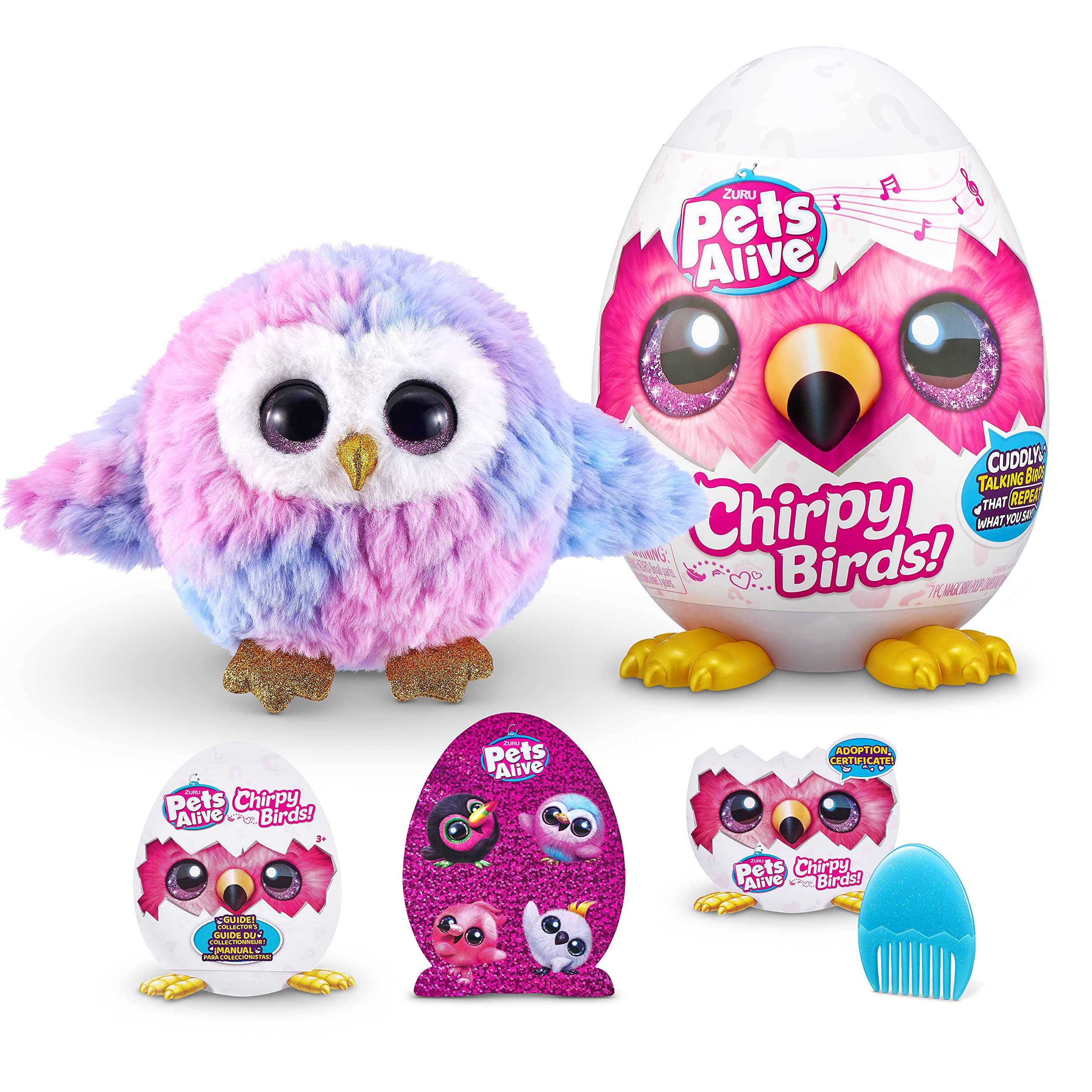 Pets Alive Chirpy Birds (OWL) by ZURU, Electronic Pet That Speaks, Giant Surprise Egg, Stickers, Comb, Fluffy Clay, Bird Animal Plush for Girls