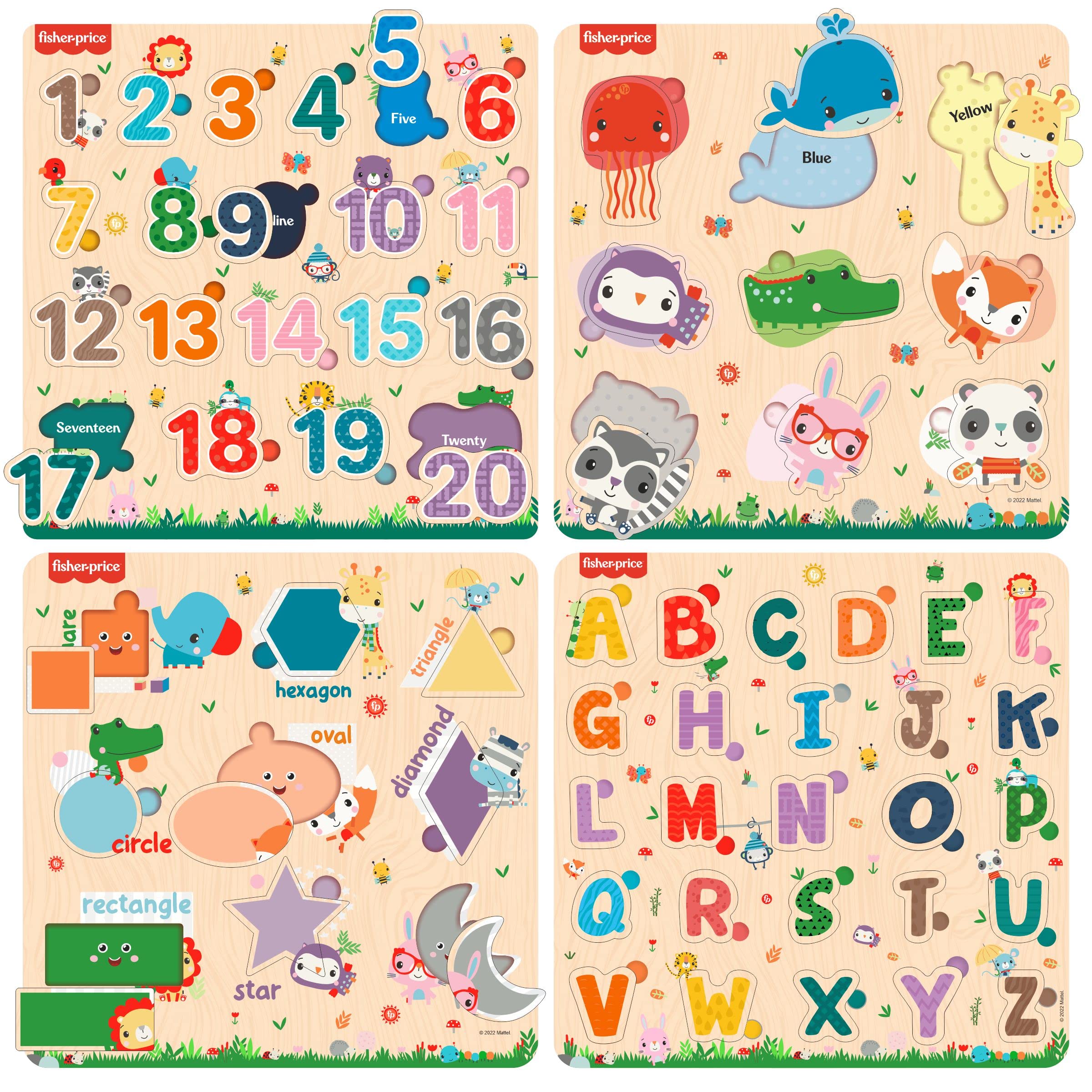 Fisher Price Wooden Educational Colorful Alphabets, Counting Numbers, Shapes and Colours Puzzle for Preschool Kids (12x12 Inches)- Set of 4