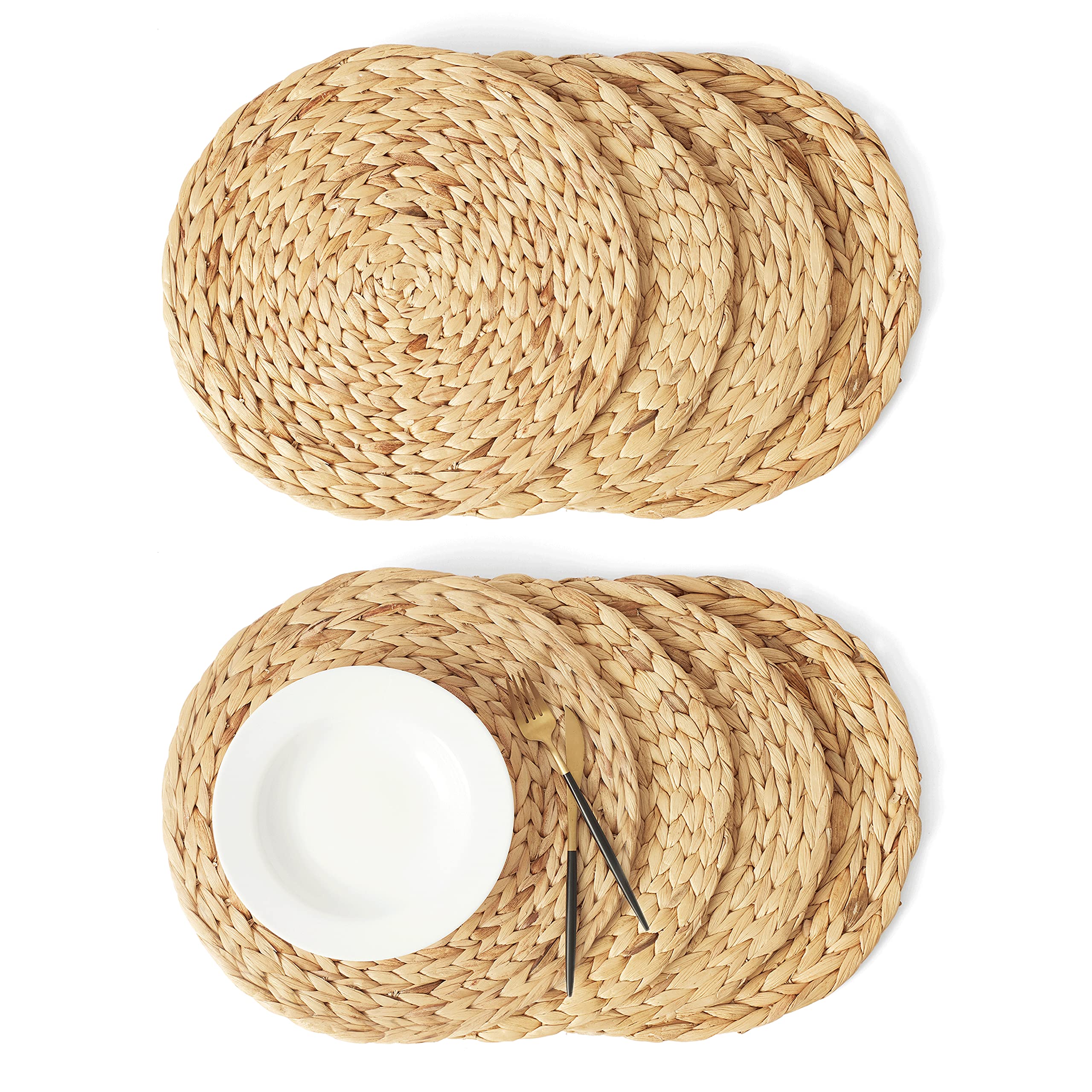 Artera Boho Round Woven Placemats - Set of 4, Natural Wicker Placemats, Water Hyacinth Straw Braided Placemats, Heat Resistant Non-Slip Weave Placemats Handmade (15" Round, Style 1- Set of 8)