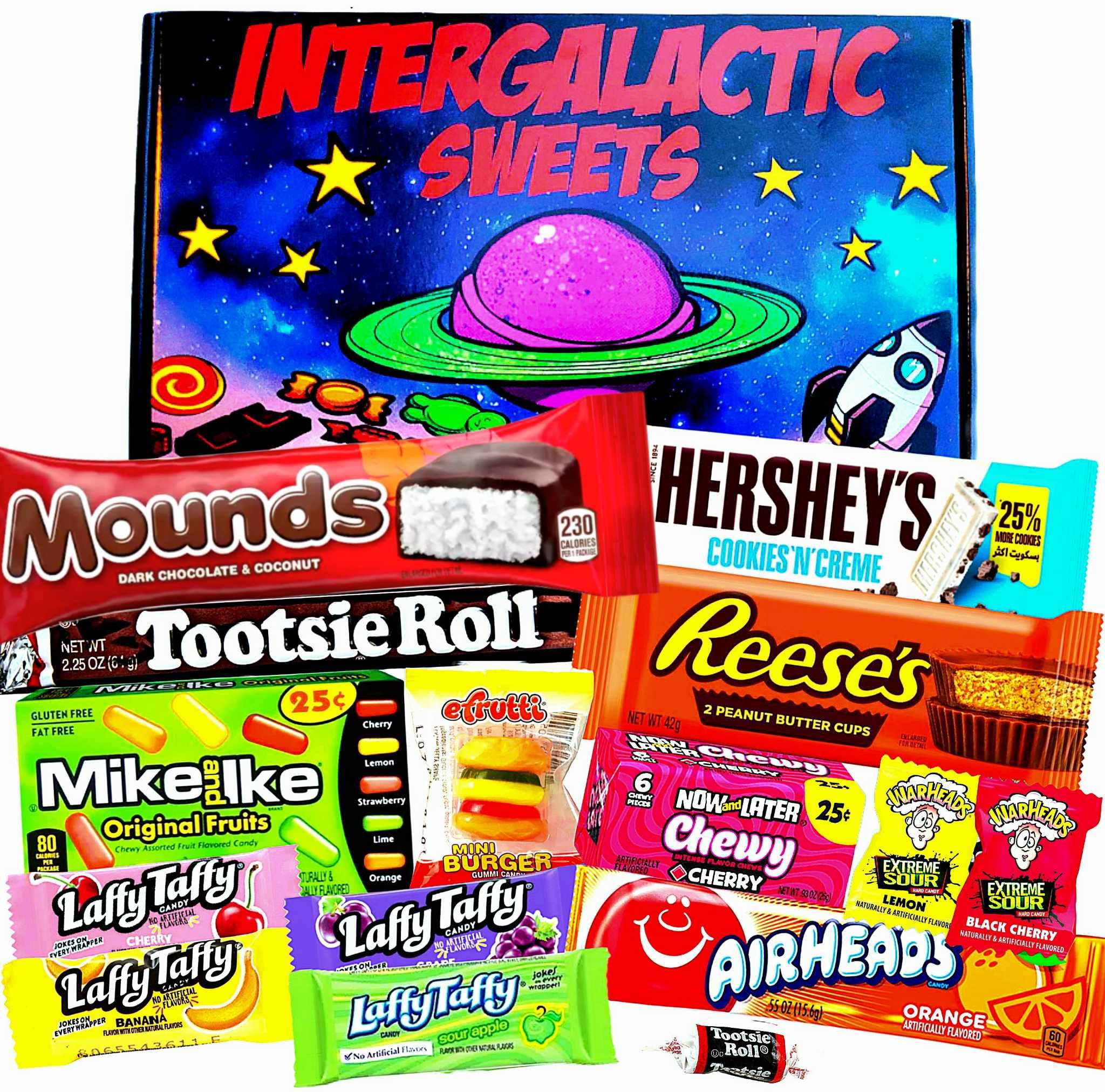 Intergalactic SweetsAmerican Chocolate & Candy Gift Box | Hamper Ideal for Children, Adults, Birthday, Christmas | Full Size & Mini Treats | Weighs 400g | 15 Items | A1