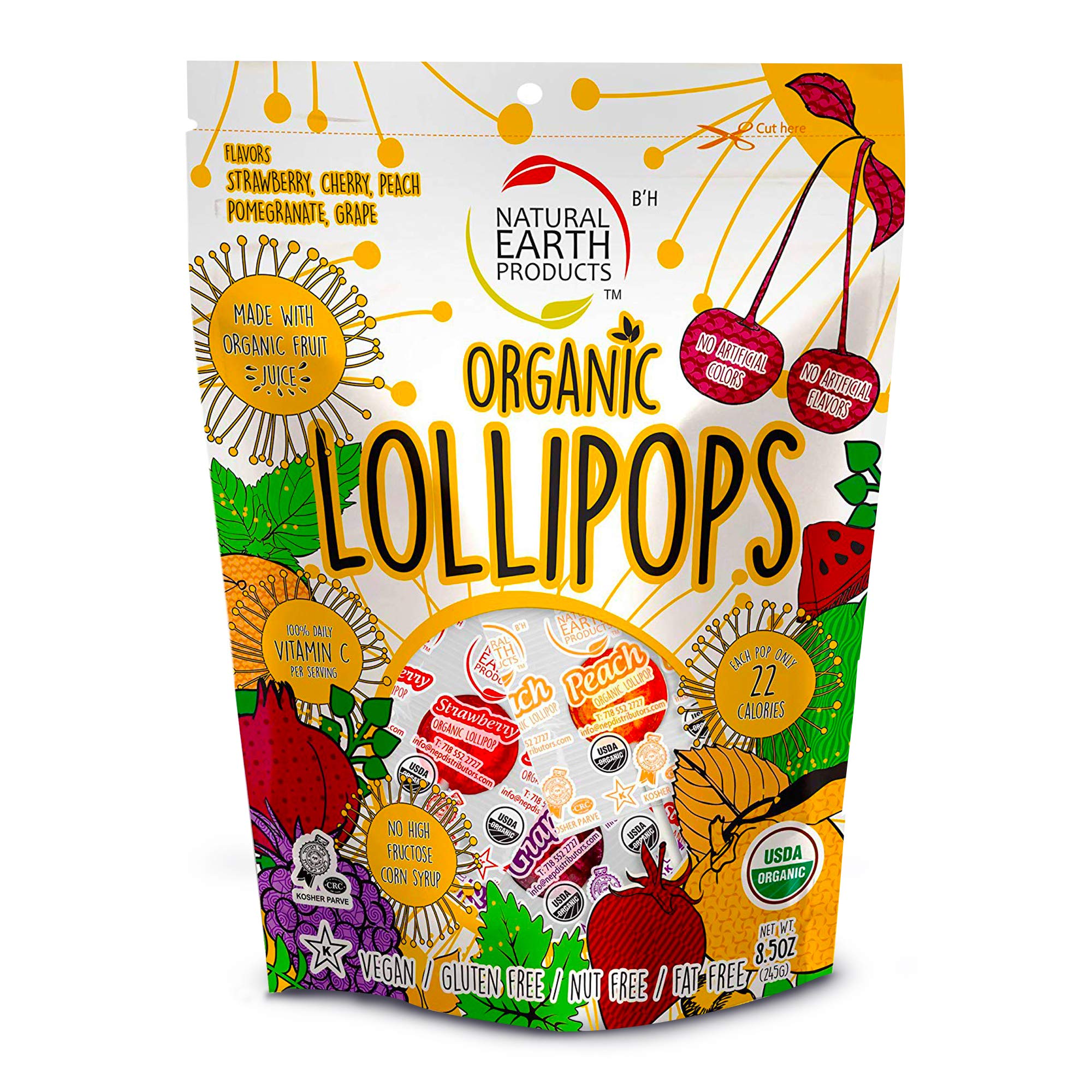 Natural Earth Products Inc Organic Lollipops, Vegan, Gluten-Free, and Kosher - 245g