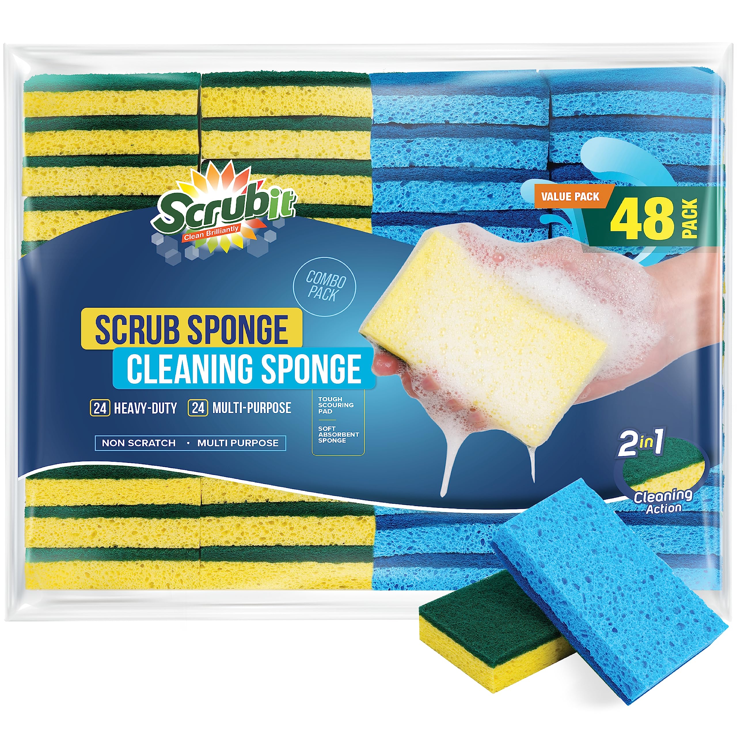 SCRUBIT 48 Pack Kitchen Sponges Dish Sponge for Washing Dishes, Kitchen & Bathroom – Blue & Yellow Dishwashing Sponges Along with A Thought Scrubber – Bulk Cleaning sponges Kitchen (Blue, Yellow)