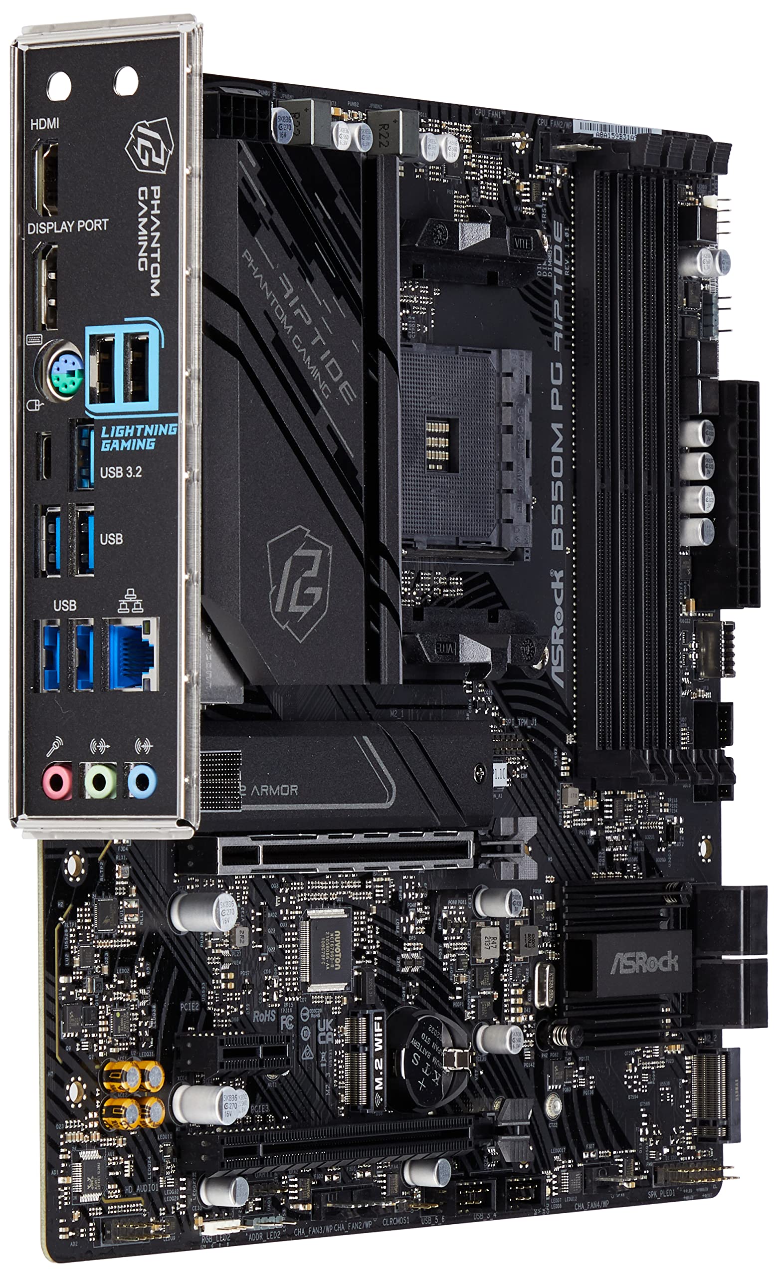 ASRockB550M PHANTOM GAMING RIPTIDE, AMD B550, AM4, Micro ATX, 4 DDR4, HDMI, DP, XFire, 2.5GB LAN, RGB, 2x M.2