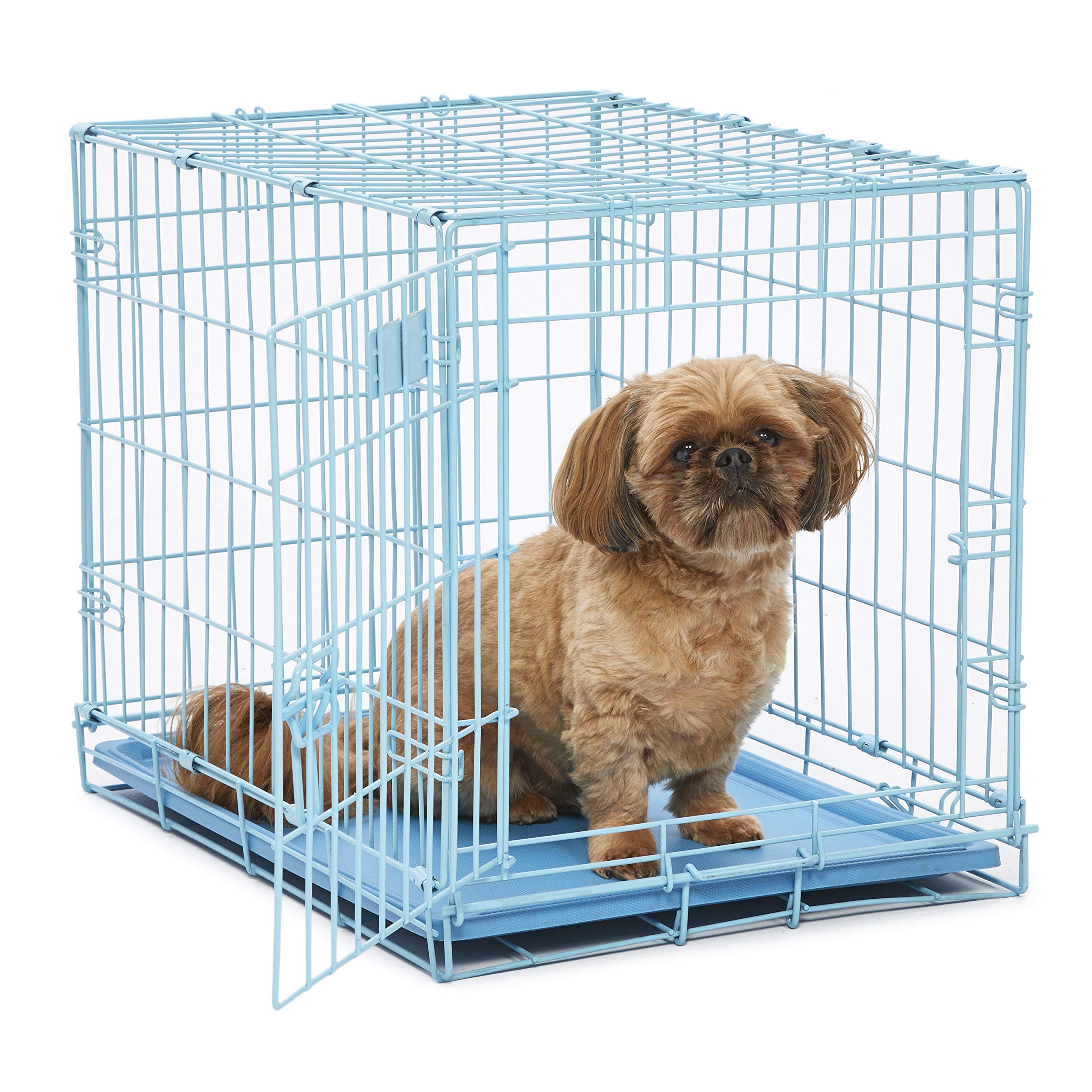 MidWest Homes for Pets Single Door Blue Folding Metal Dog Crate w/ Divider Panel, Floor Protecting 'Roller' Feet & Leak Proof Plastic Tray, 24L x 18W x 19H Inches, Small Dog Breed