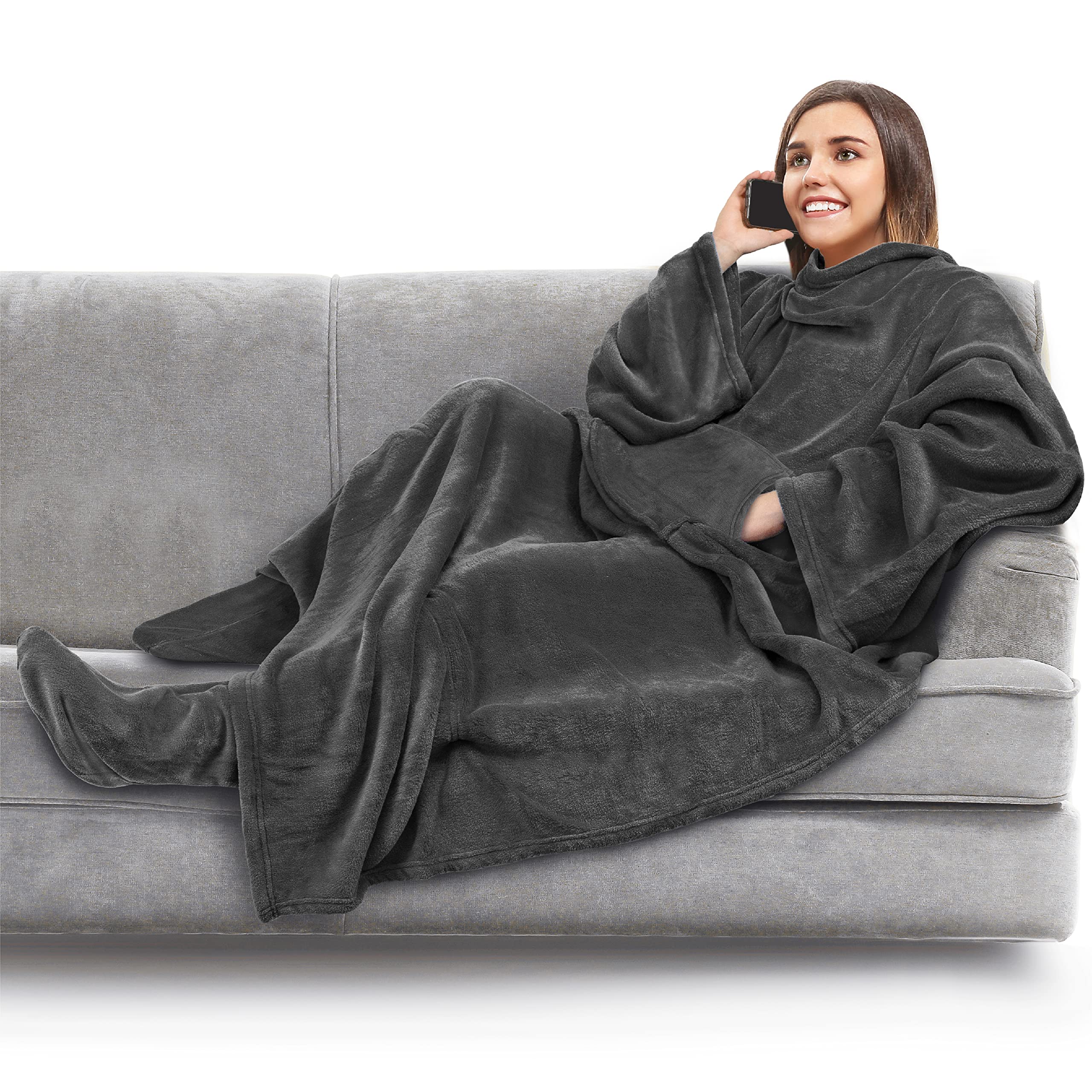 PAVILIA Fleece Blanket with Sleeves, Foot Pockets for Women Men Adults, Plush Wearable Blanket Throw Wrap, Warm Snuggle Blanket Robe, Cozy Gift Ideas Wife Mom, Dark Gray