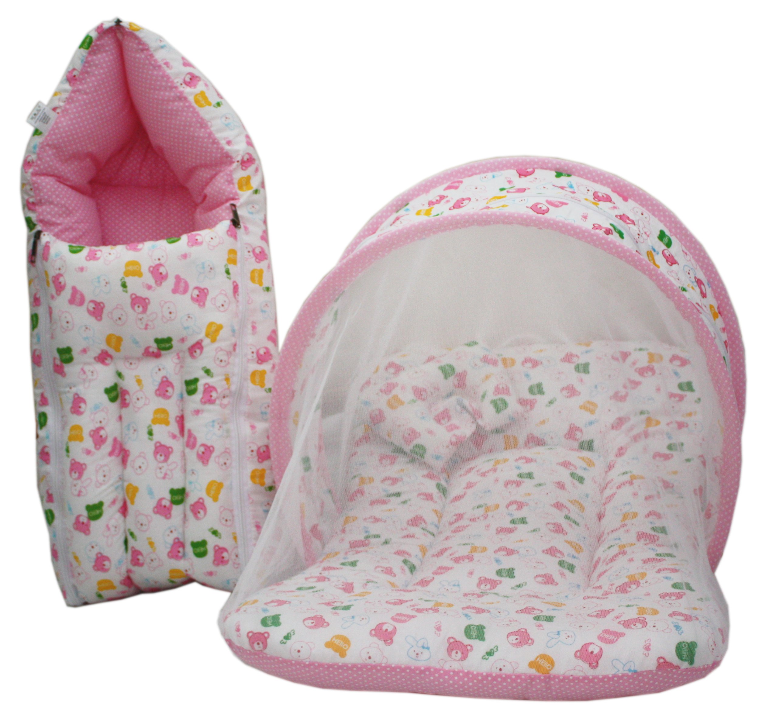 AMARDEEP Baby Mattress with Mosquito Net, Sleeping Bag Combo 0-3 Months (Pink)