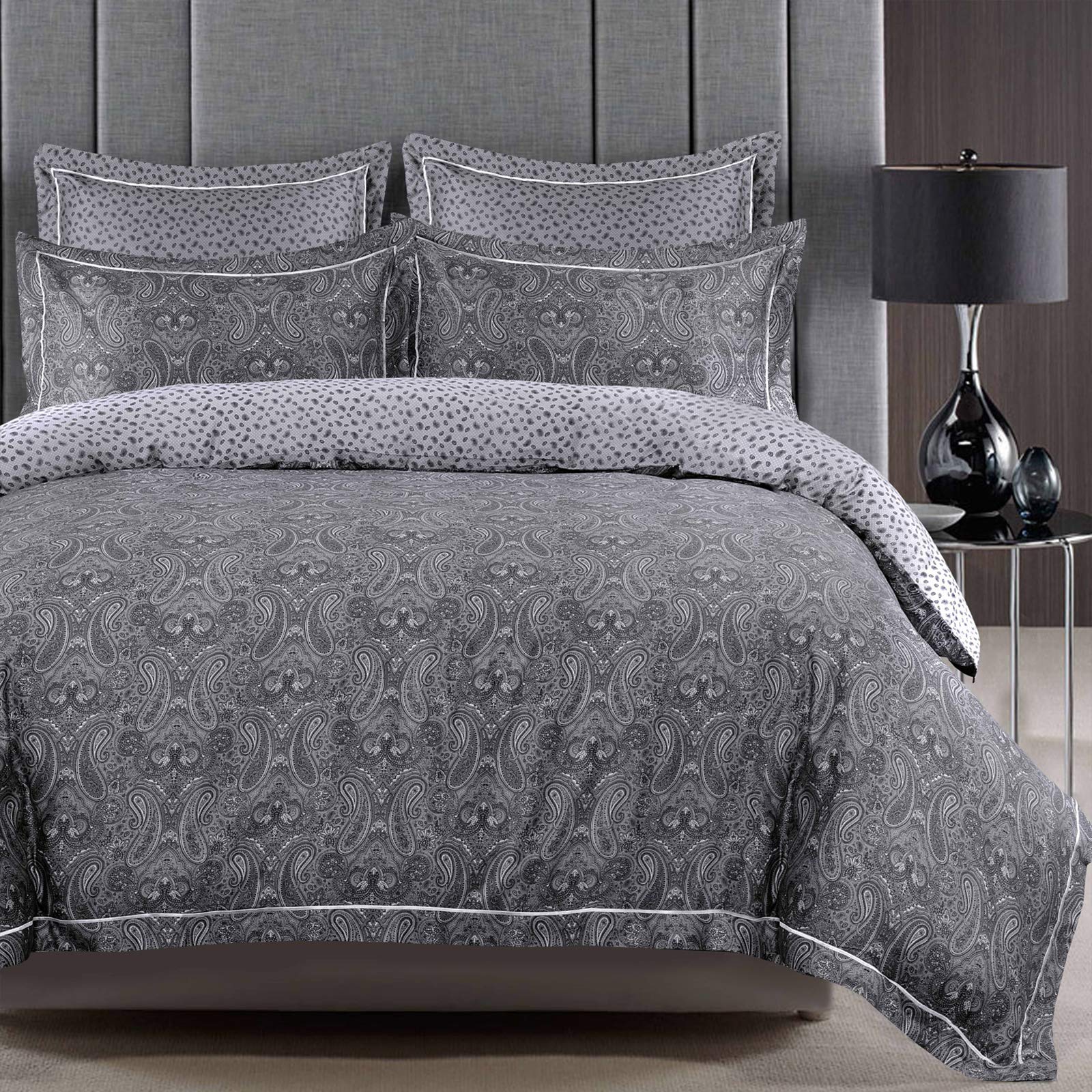 Nimsay Home Okko Luxury Paisley Soft Touch 100% Egyptian Cotton Sateen Duvet Cover Bedding Set (Double, Grey)