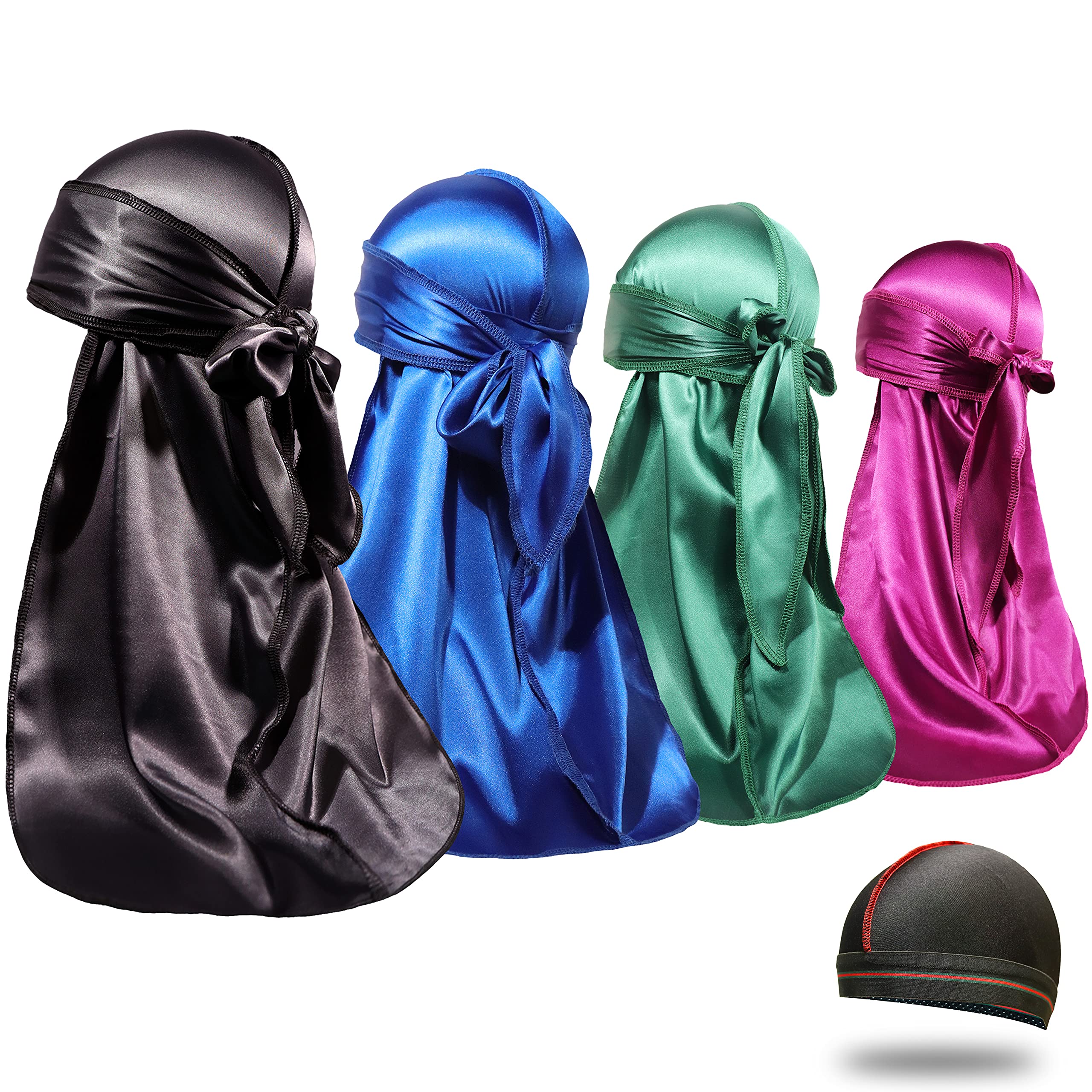 4PCS Silky Durags for Men Women 360 Waves with 1 Wave Cap, Silky Satin Durag Extra Long Tails