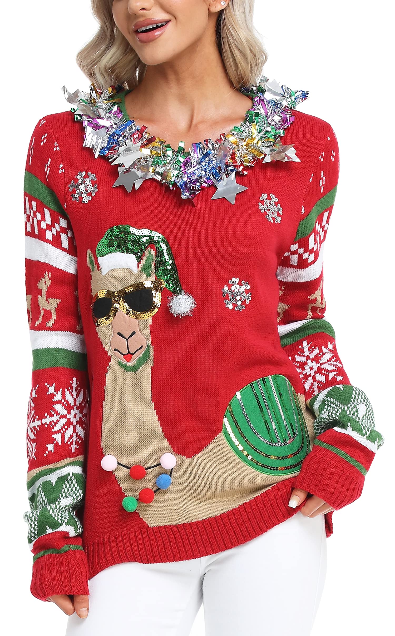 Ugly Christmas Sweaters for Women Sequined Xmas Sweaters Fun and Cute Gaudy Garlands and Outrageous Ornaments