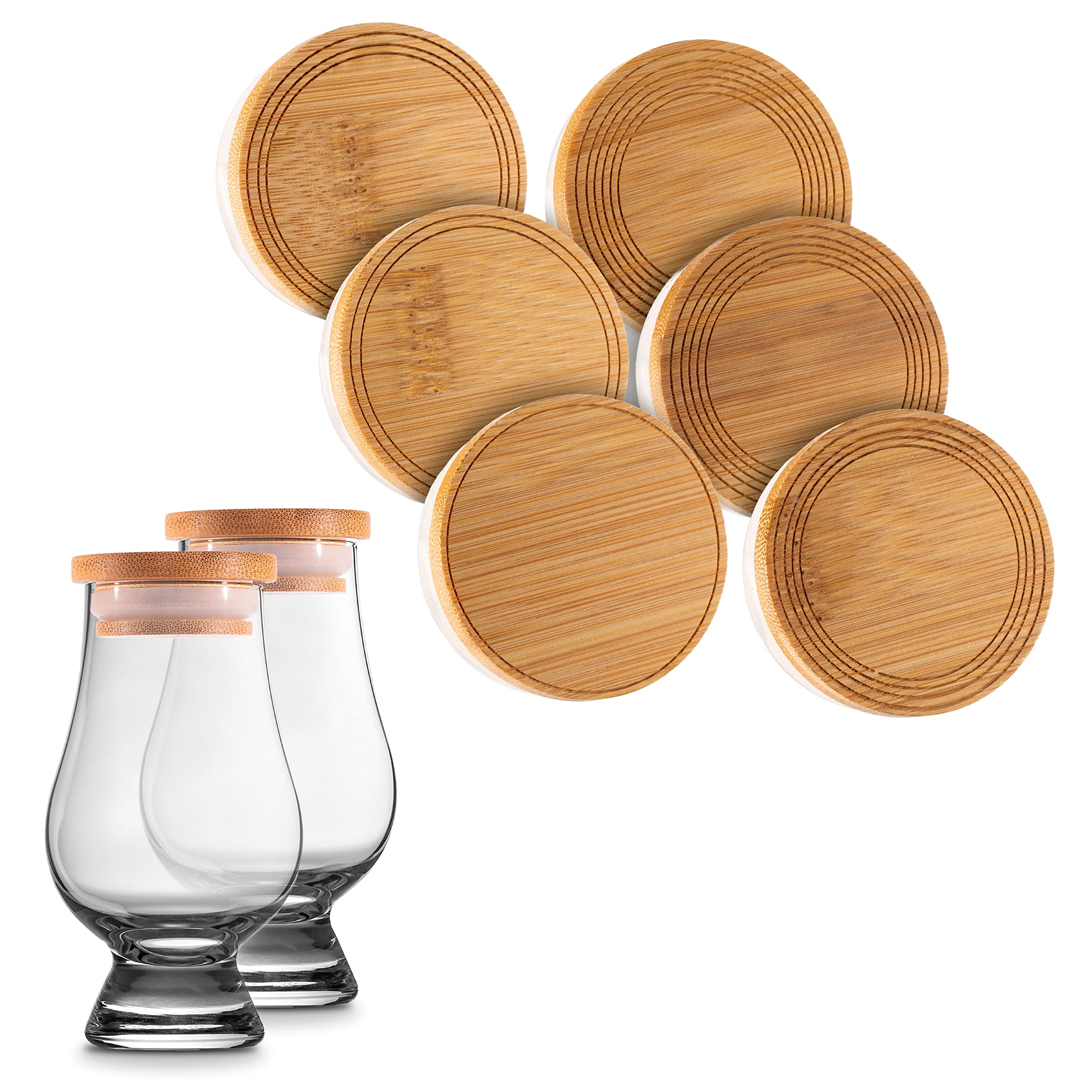 Cairn Craft CairnCaps Bamboo Whiskey Glass Lids - Set of 6 Caps for Whisky Tasting Glassware