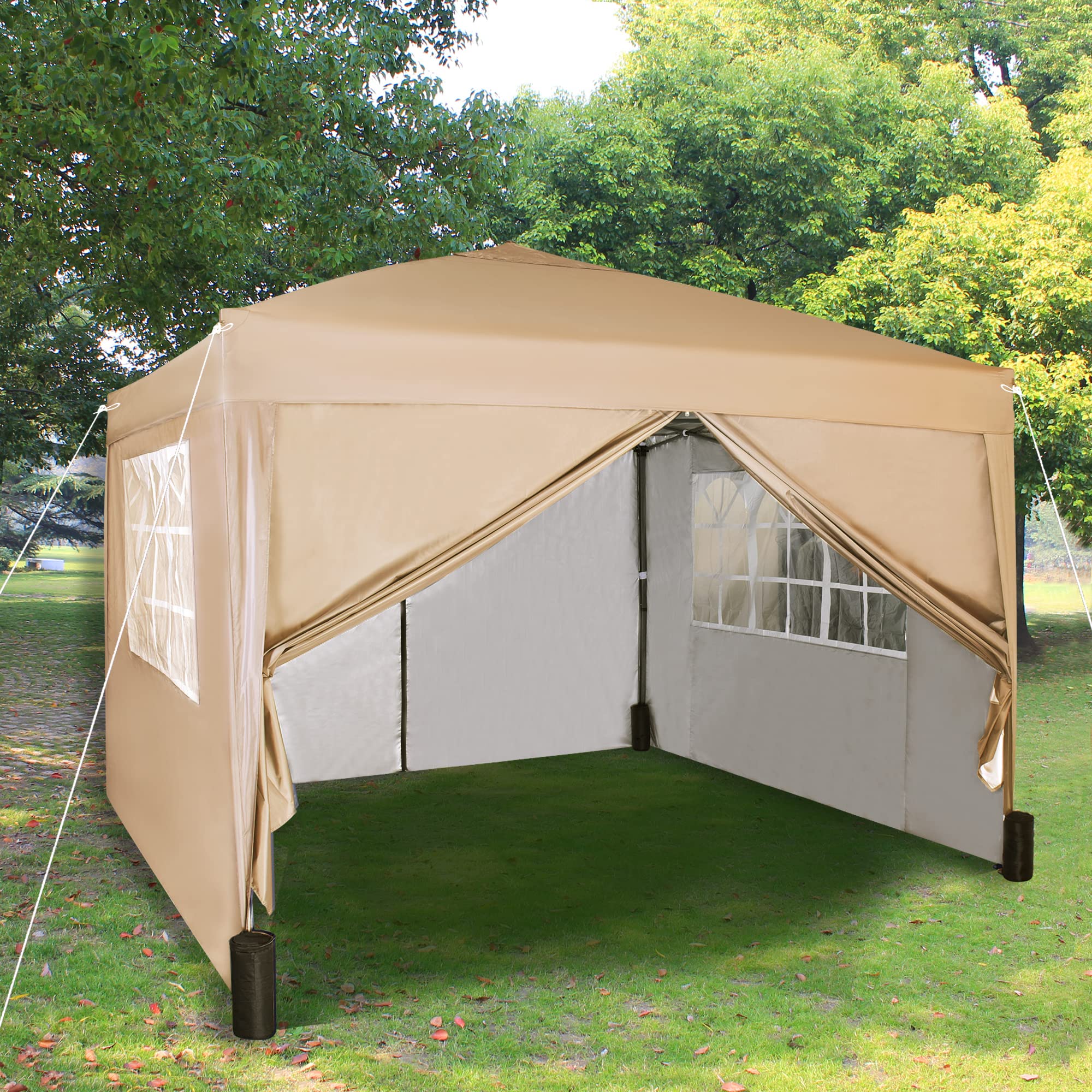 mcc direct Pop-up Gazebo 3m x 3m with Sides 2 Wind Bars & 4 Weight Bags & Silver Protective Layer Waterproof Marquee Canopy WS (Beige1)