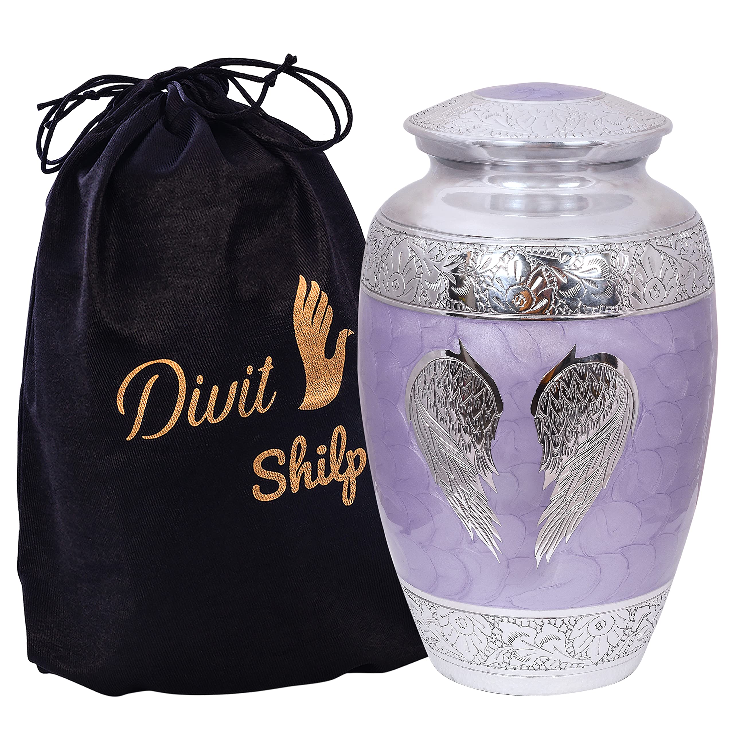 Divit Shilp Cremation Urn for Human Ashes with Satin Bag, for Adults up to 200 lbs | Large Handcrafted Funeral Urns. (Lilac Angel Wings, Adult)