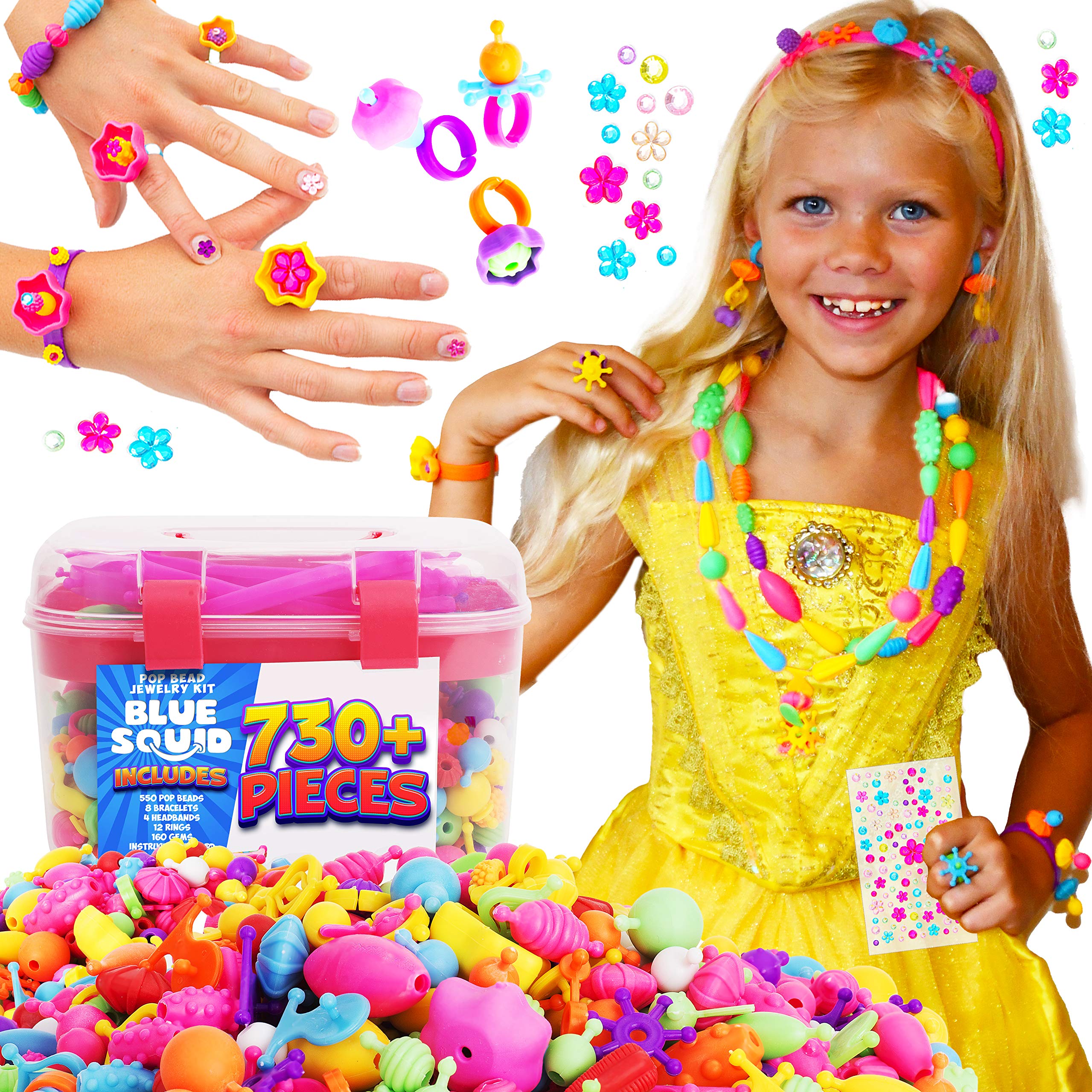 Blue Squid Snap Pop Beads for Girls – 730pcs Kids Jewelry Making Kit, Pop-Bead Art and Craft Kit DIY Necklace Hairband Bracelet Ring Earring Great Toys for Age 4 5 6 7 8 Year Old Girl Gifts Toy Set