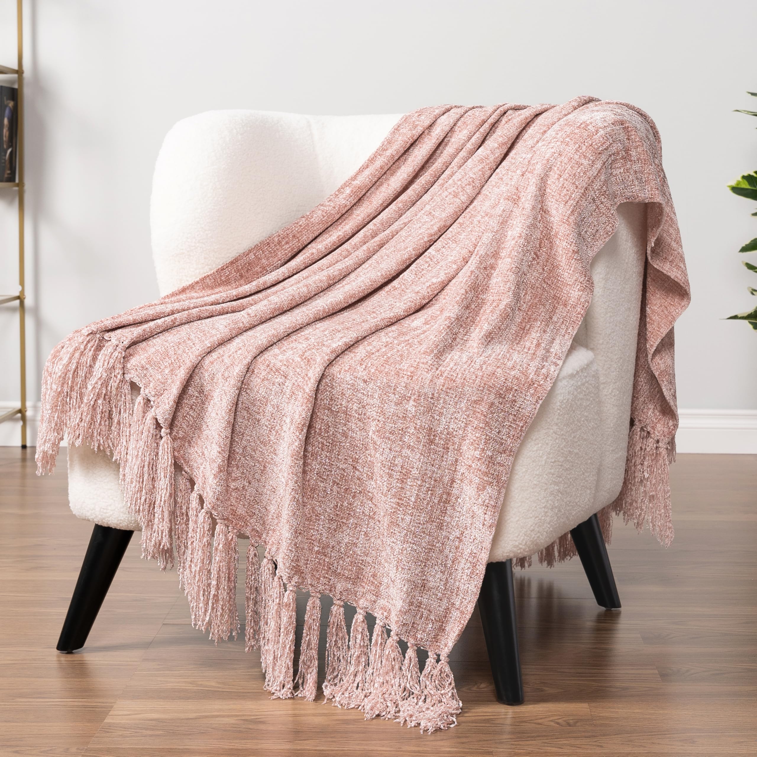 PAVILIABlush Pink Chenille Throw Blanket for Couch, Soft Light Pink Knit Blanket with Tassel Fringe, Woven Chenille Knitted Decorative Blanket for Sofa Bed Living Room, Decor Gift, 50x60