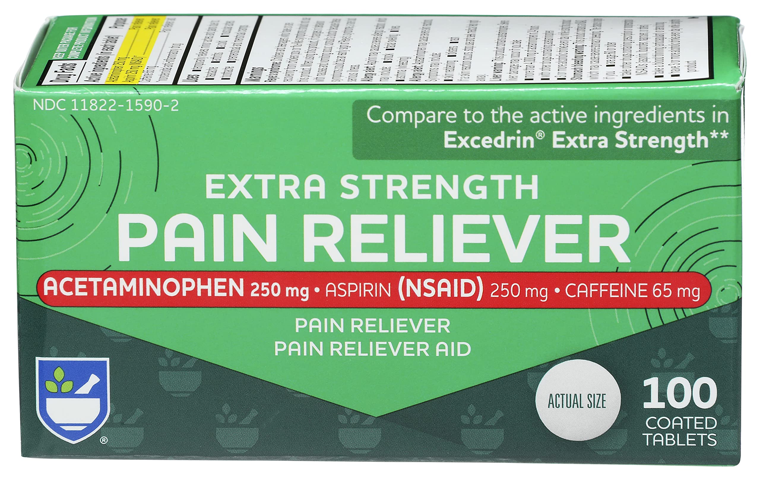 Rite Aid Extra Strength Pain Reliever, Acetaminophen 250mg, Aspirin 250mg, Caffeine 65mg – 100 Tablets | Pain Reliever/Fever Reducer | NSAID Anti-Inflammatory | Migraine Relief Products