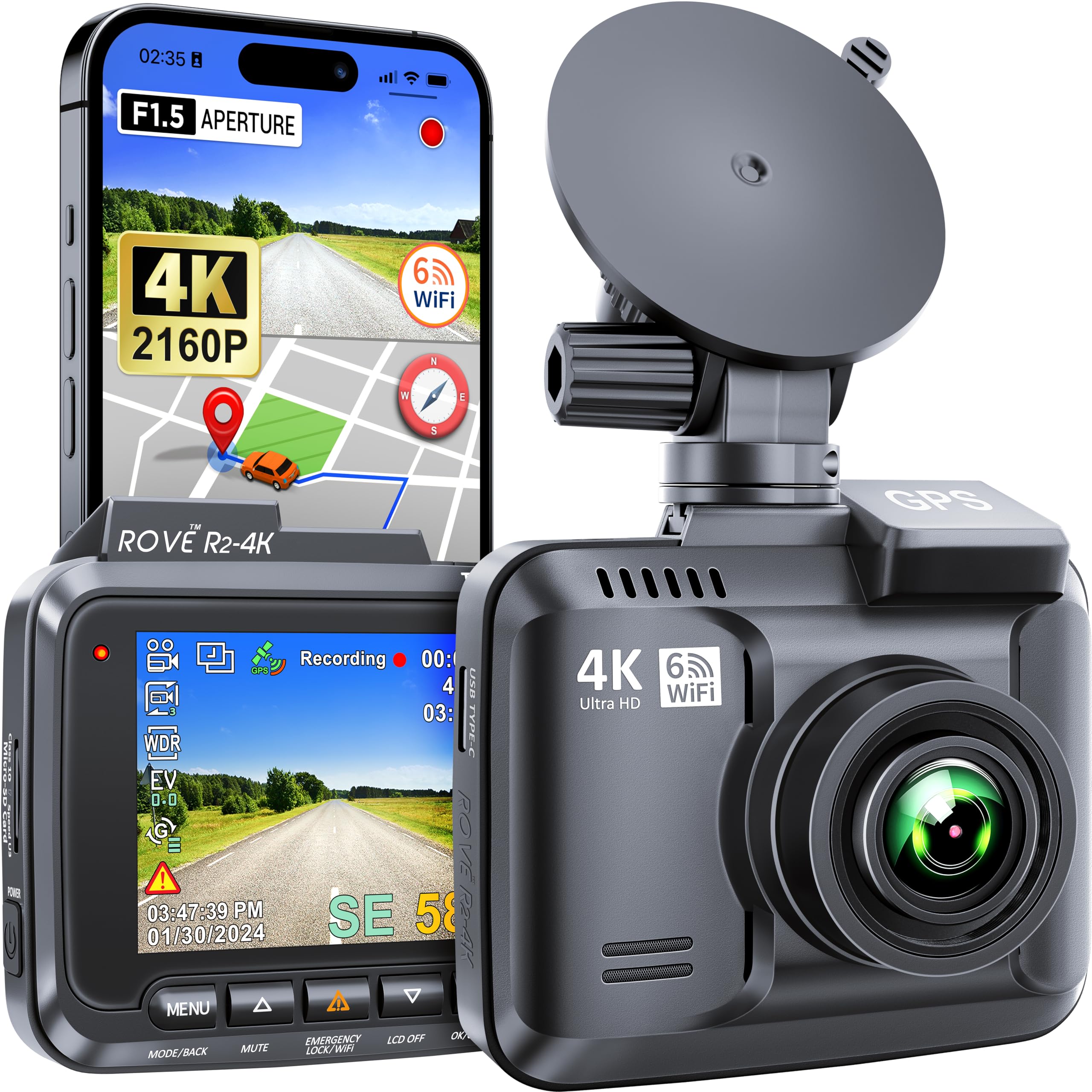 Rove R2-4K Dash Cam Built in WiFi GPS Car Dashboard Camera Recorder