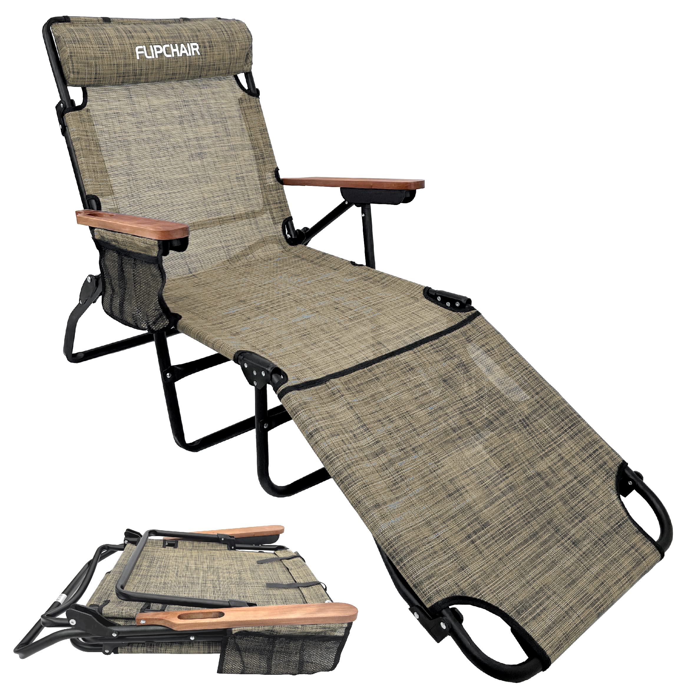 EasyGo Product FLIP Patio Chaise Lounger Chair Face & Arm Holes 4 Legs Support Textilene Material 6 Position Reclining Head Rest Pillow Beach or Home Use-PATENTS Pending, Flipchair-Tan